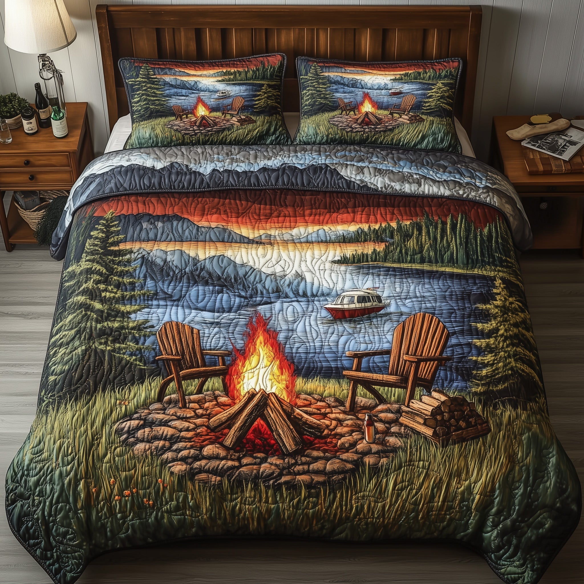 Campfire Dreams Unfold Quilted Bedding Set Duvet Cover Bed Sheet Camping Gifts For Girlfriend