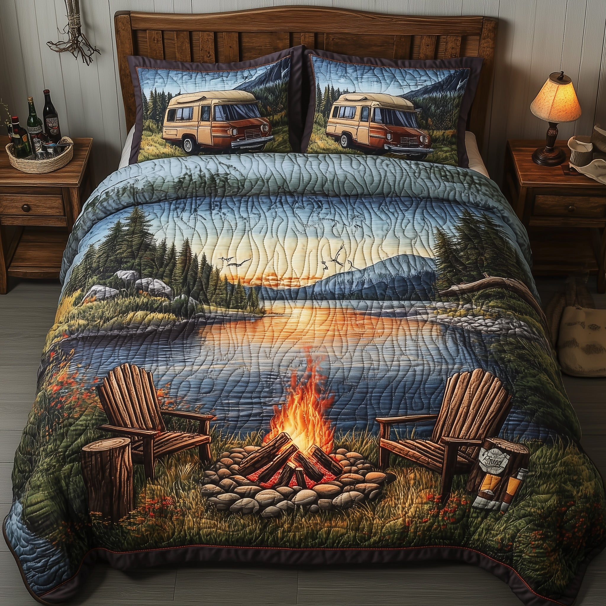 Campfire Dreams Unfold Quilted Bedding Set Duvet Cover Bed Sheet Great Presents For Campers