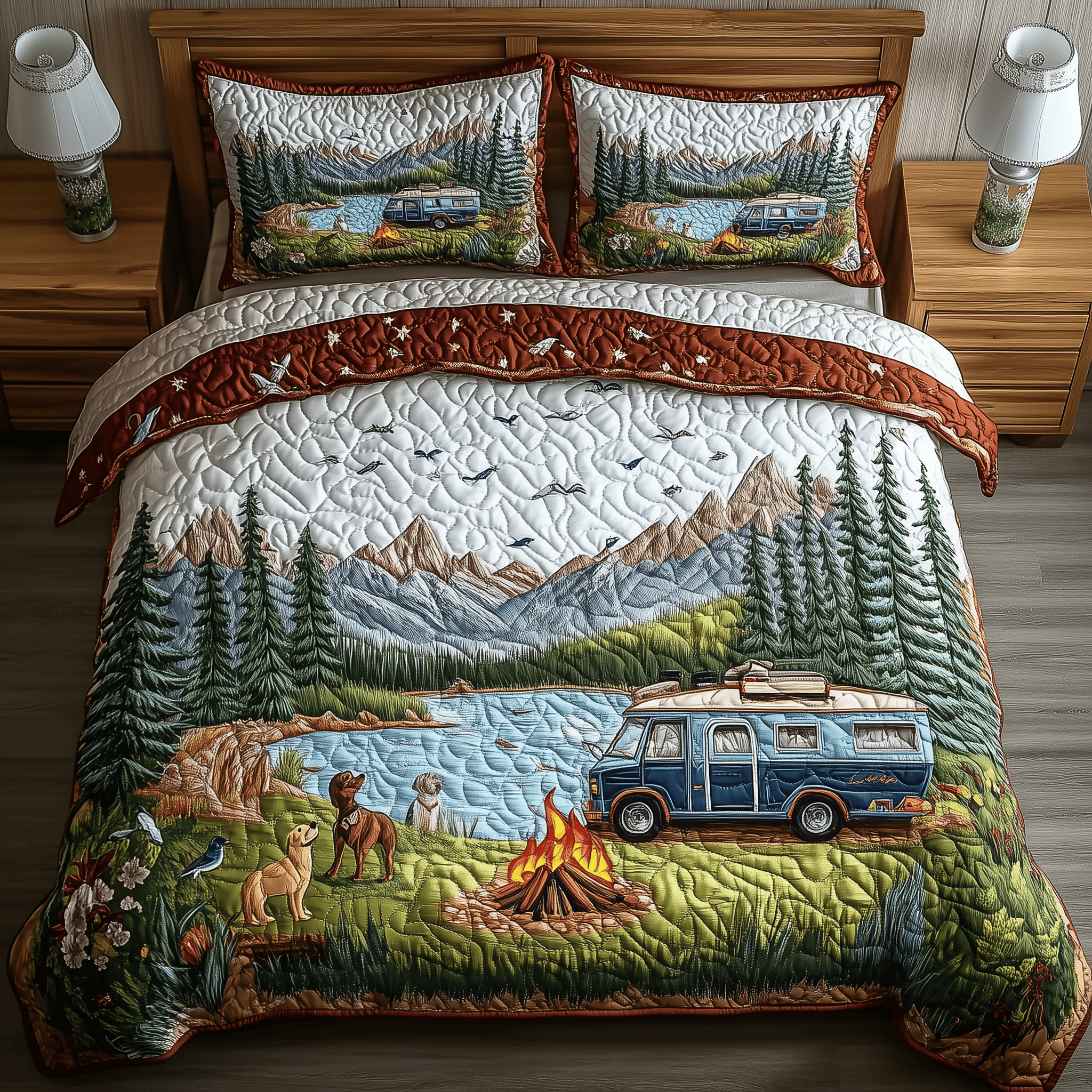 Campfires Adventure Quilted Bedding Set Xmas Bedding Set 2024 Romantic Christmas Gifts