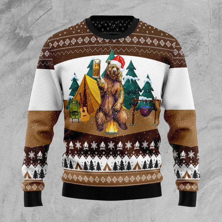 Camping Bear Funny With Beer Ugly Christmas Sweater  Funny Christmas Jumper For Beer Lovers