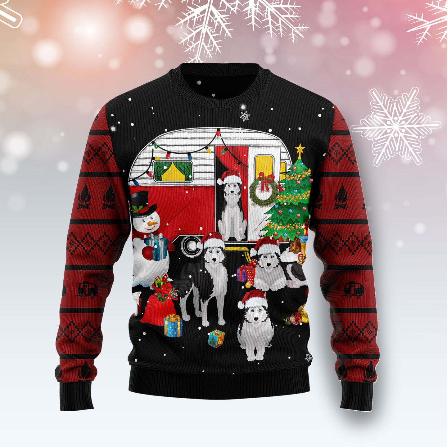 Camping Car And Siberian Husky  Ugly Christmas Sweater