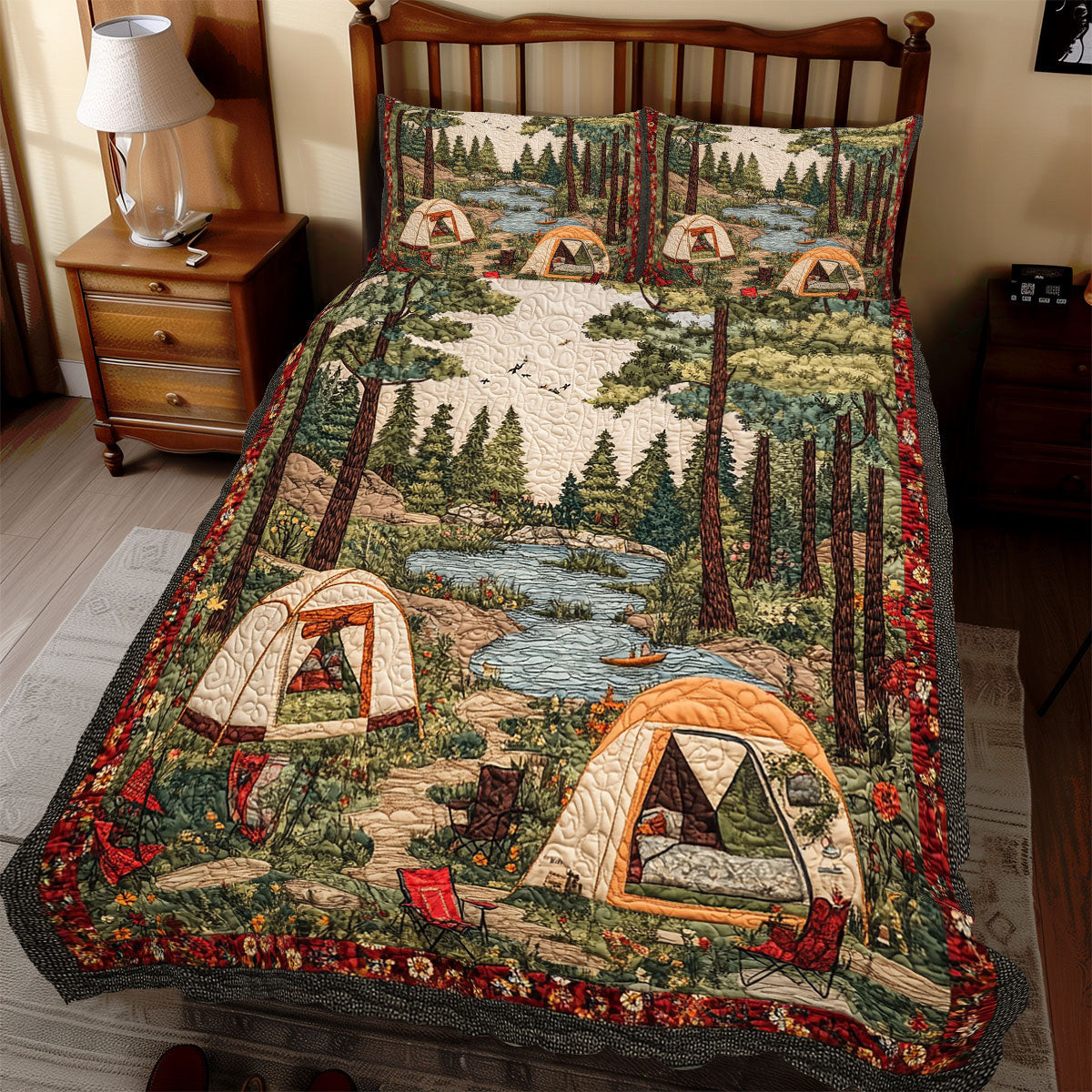 Camping Forest Holiday Xmas Quilted Bedding Set Best Christmas Gifts For Women