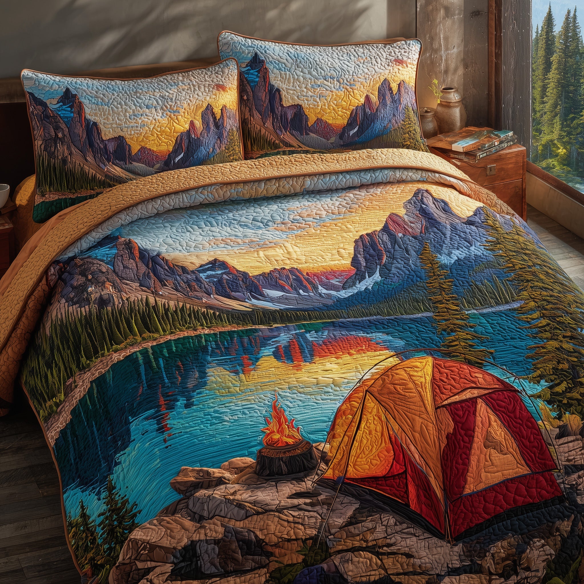 Camping Quilted Bedding Set Duvet Cover Bedspread Camping Gifts For Friends