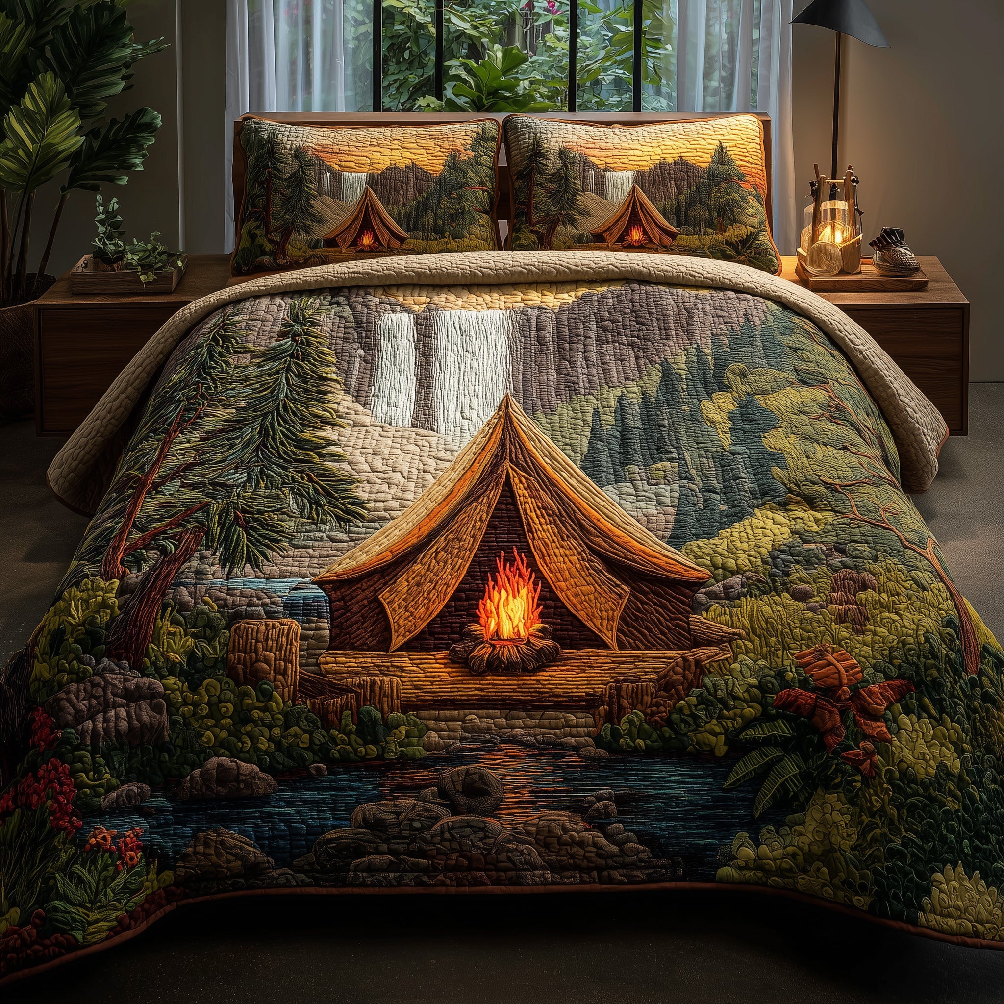 Camping Quilted Bedding Set Duvet Cover Bedspread Great Presents For Campers