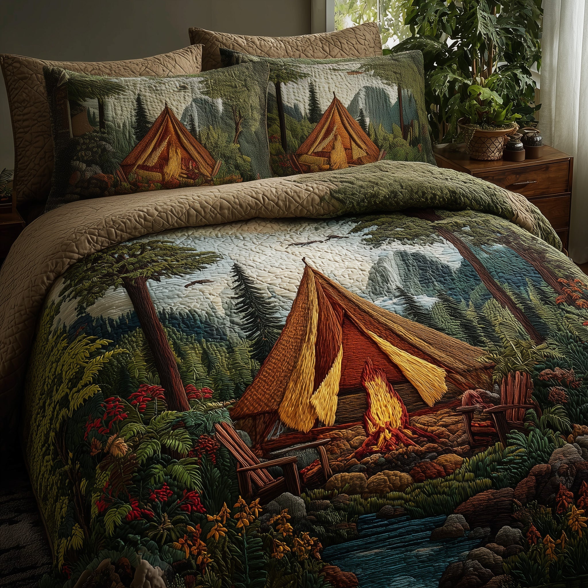 Camping Quilted Bedding Set Duvet Cover Bedspread Great Presents For Camping Lovers