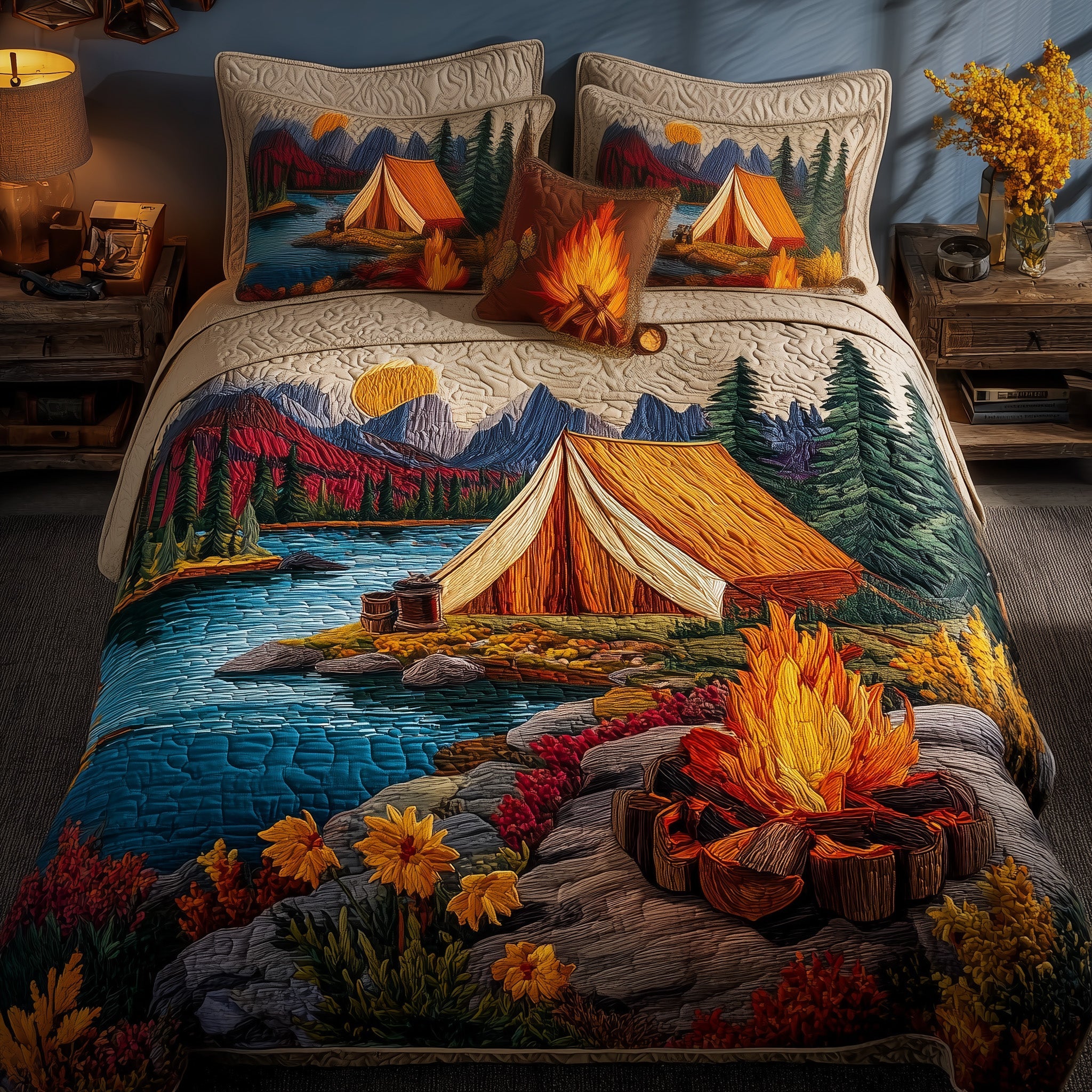 Camping Quilted Bedding Set Duvet Cover Bedspread Themed Camping Gifts Items