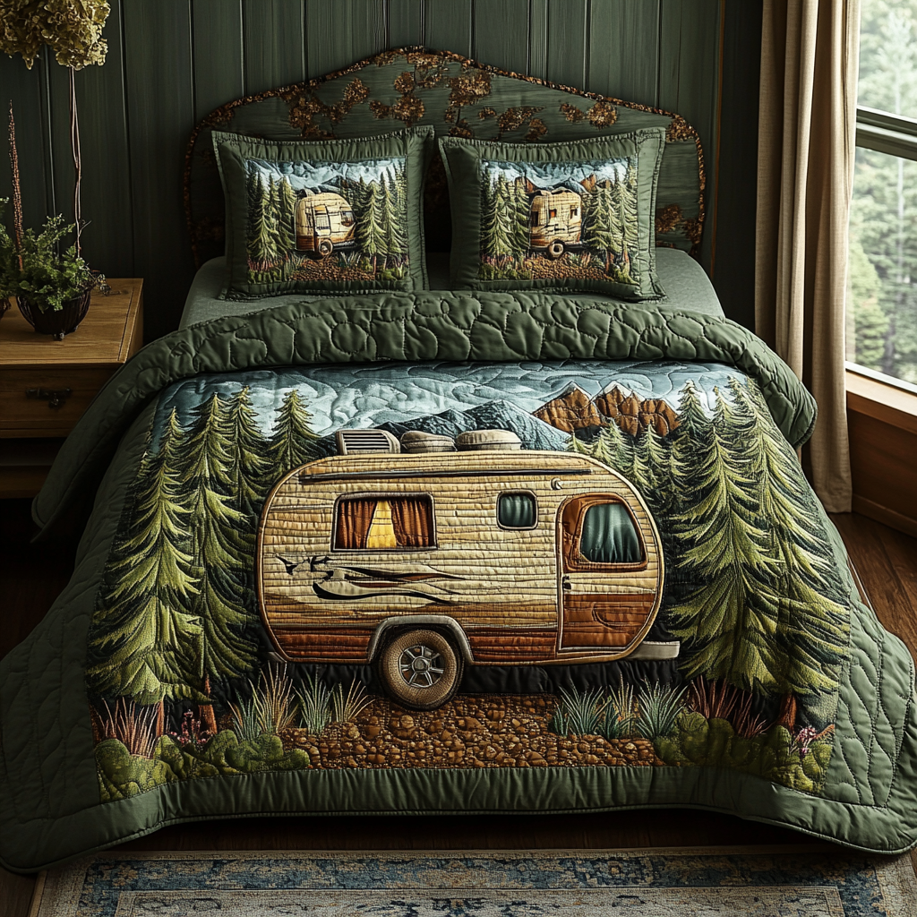 Camping RV Forest Charm Quilted Bedding Set Aesthetic Room Decor Camping Themed Gifts