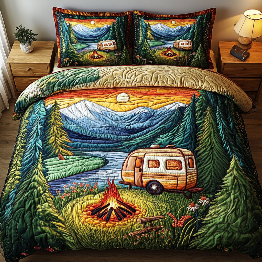 Camping RV Lake Quilted Bedding Set Duvet Cover Bed Sheet Set Gifts For People Who Like Camping