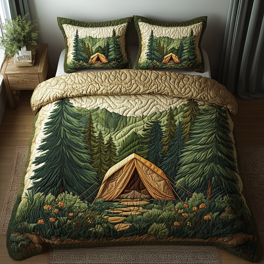 Camping Tent Forest Charm Quilted Bedding Set Bedroom Decorations Gift For Camper