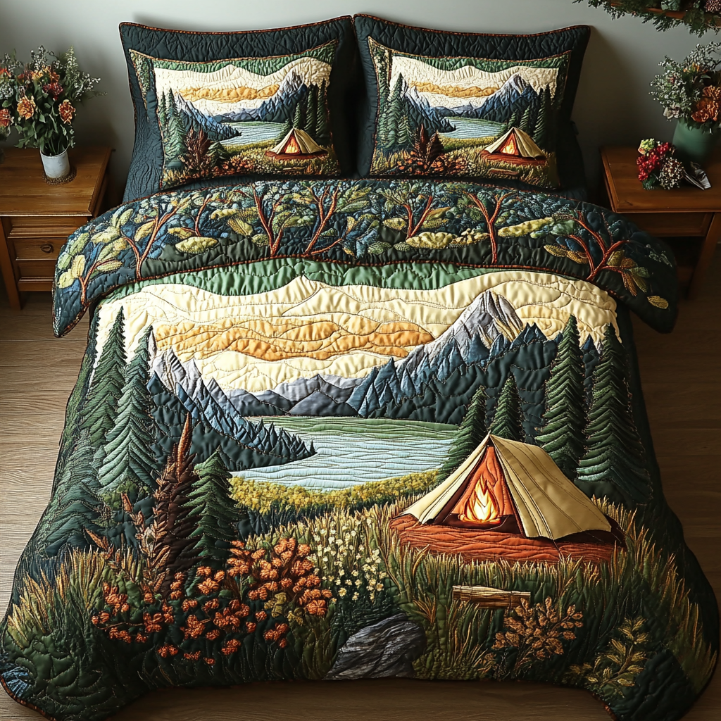 Camping Tent Forest Quilted Bedding Set Best Comforter Sets Best Camping Gifts 2025