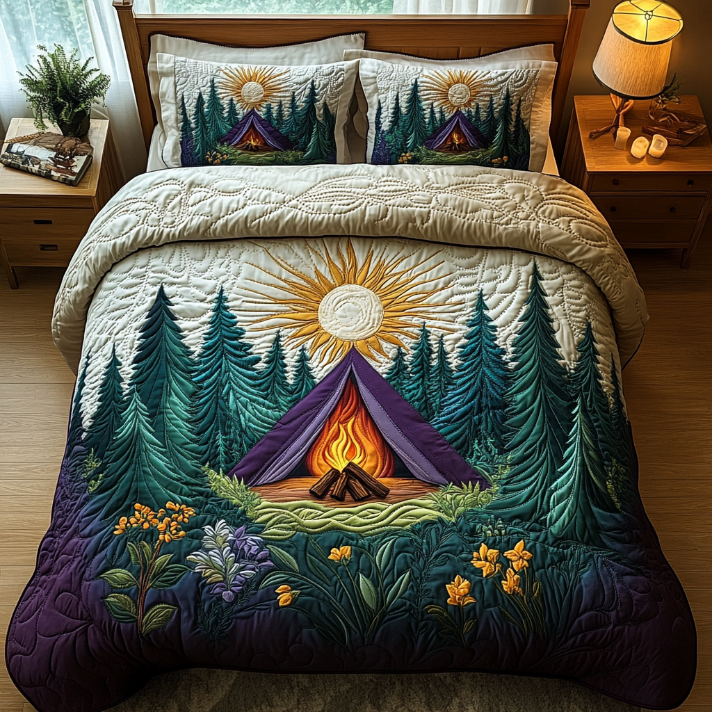 Camping Tent Sunshine Quilted Bedding Set Cute Room Decor Gift Ideas For Hikers And Campers