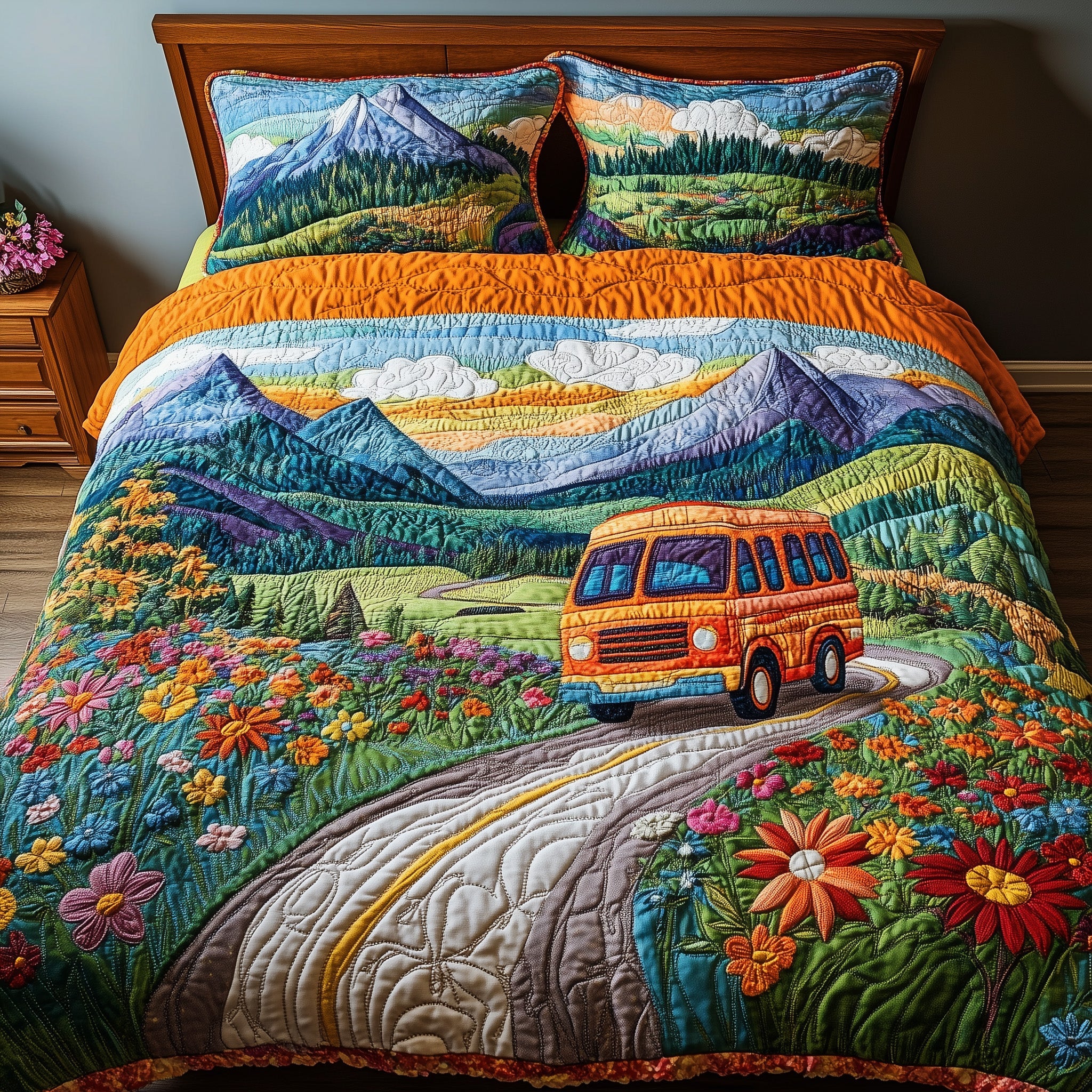 Camping Van Quilted Bedding Set Duvet Cover Bedspread Camping Christmas Gifts