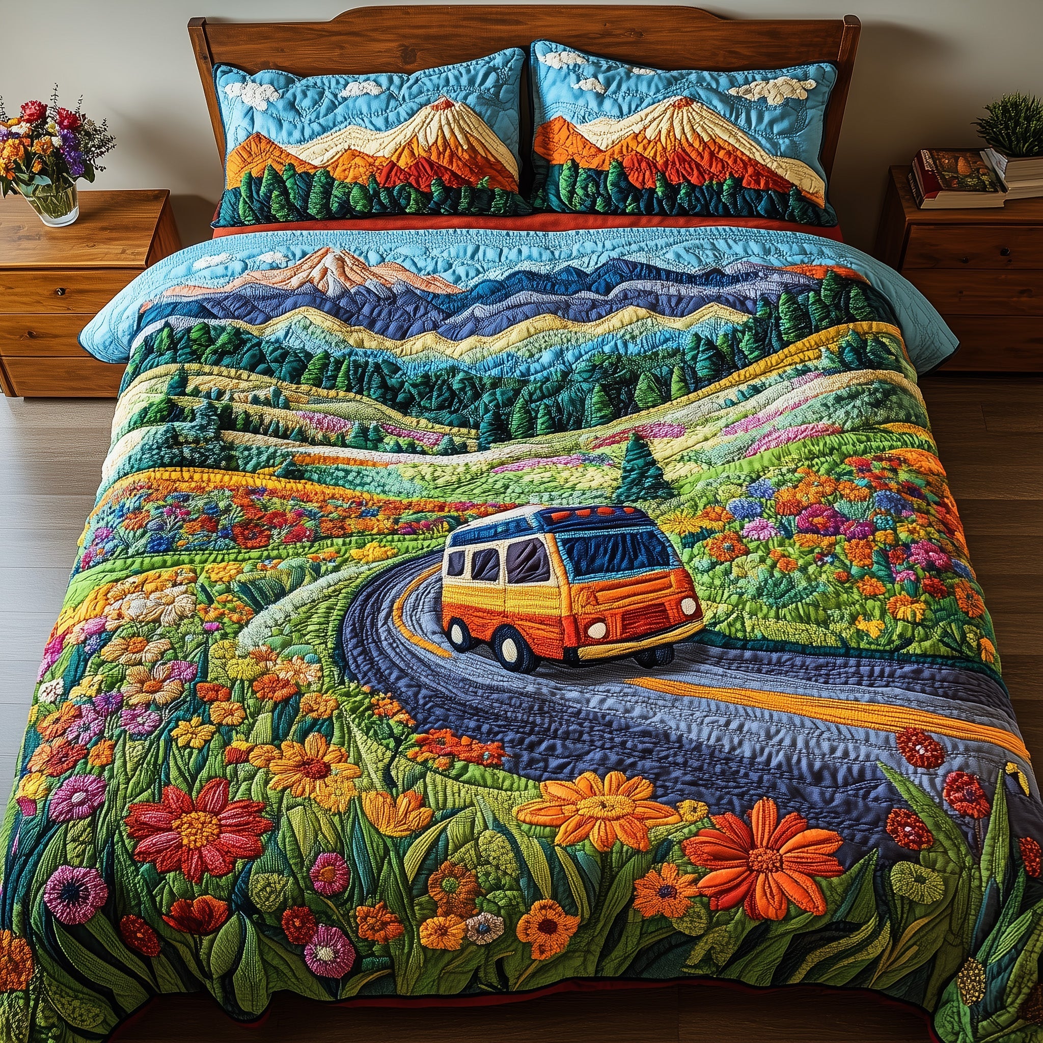 Camping Van Quilted Bedding Set Duvet Cover Bedspread Camping Gifts For Him Her