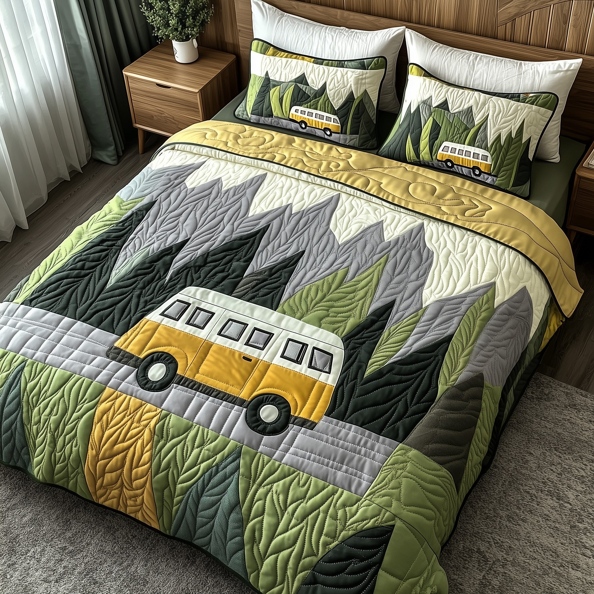 Camping Van Quilted Bedding Set Duvet Cover Bedspread Camping Themed Birthday Gifts