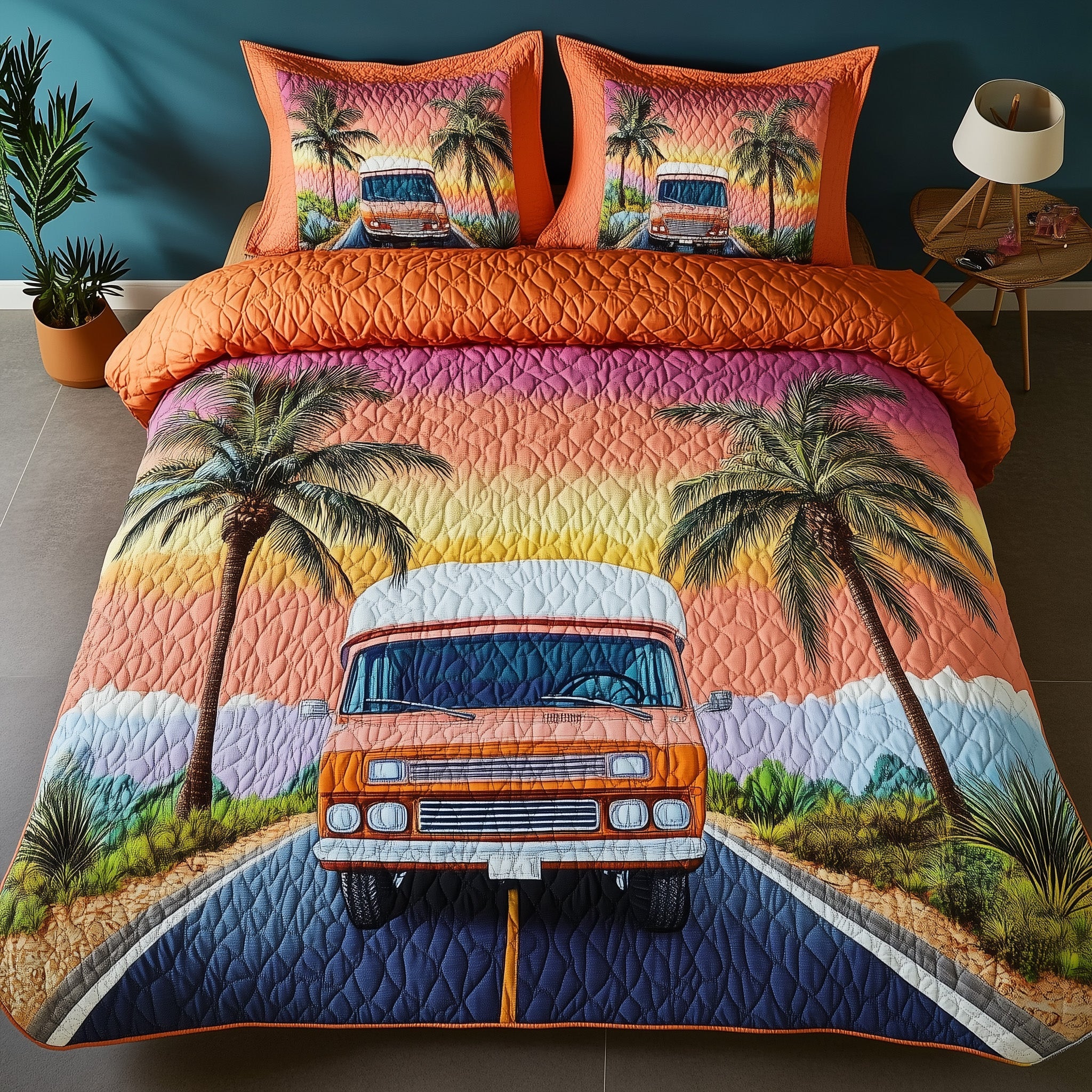 Camping Van Quilted Bedding Set Duvet Cover Bedspread Gift For Campers