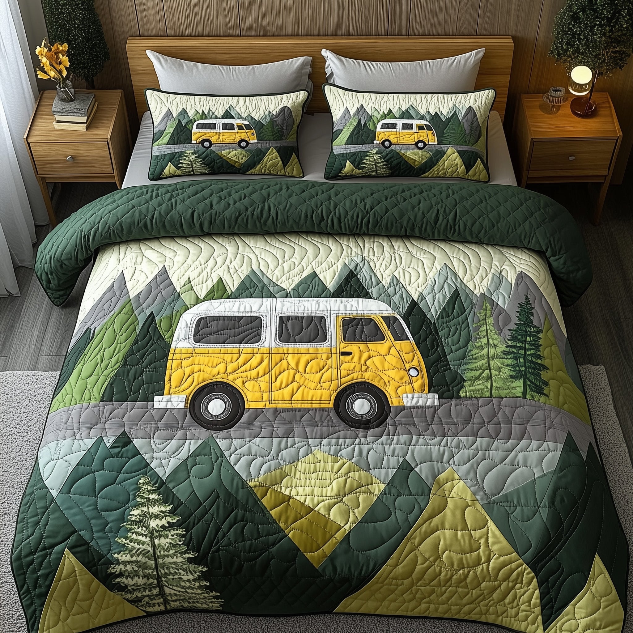 Camping Van Quilted Bedding Set Duvet Cover Bedspread Gifts For Camping Lovers