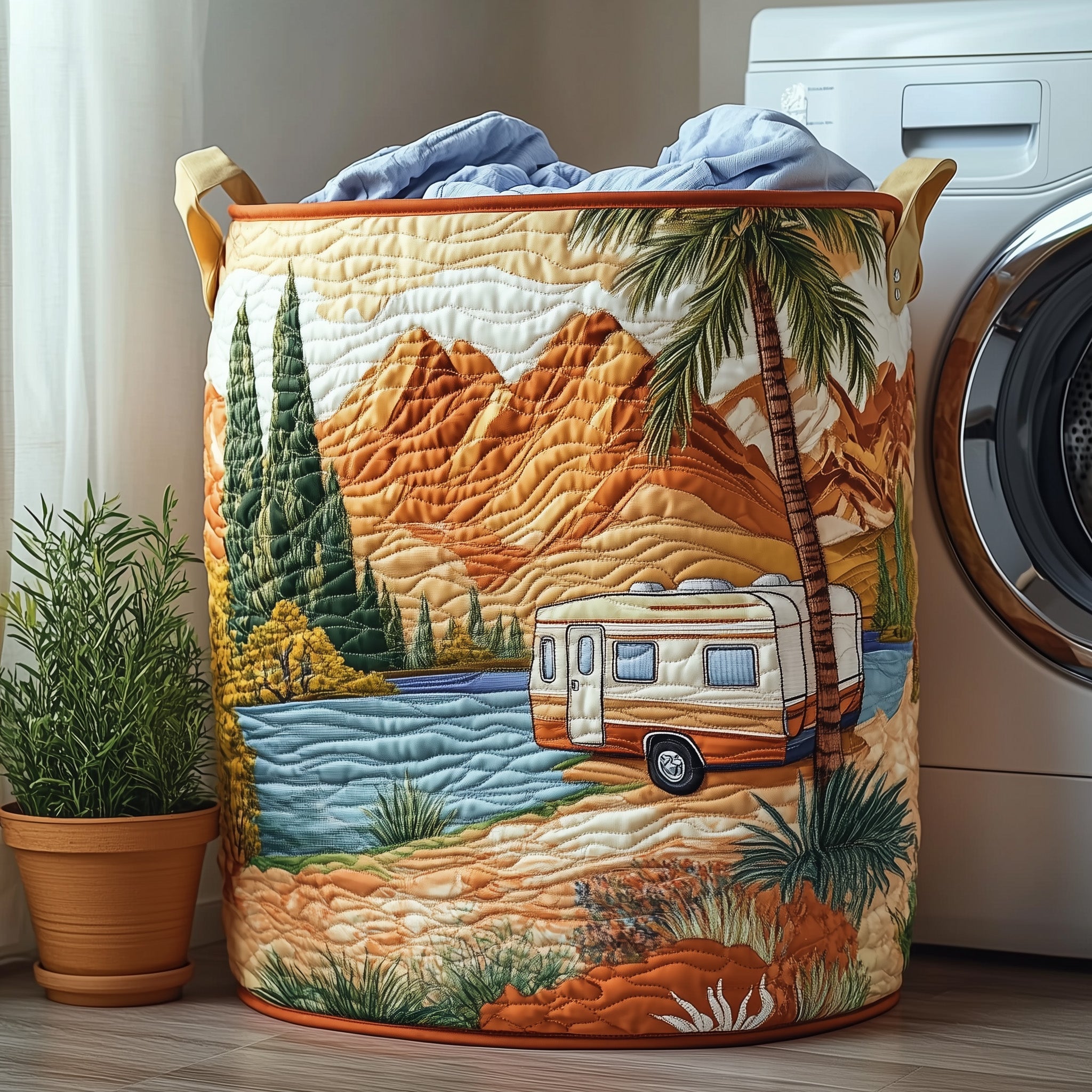 Camping Vibe Quilted Laundry Basket Perfect Gift For Apartment Living