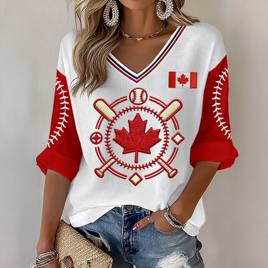 Canada Baseball V-Neck Long Sleeve Shirt Game Day Baseball Apparel Present For Fans