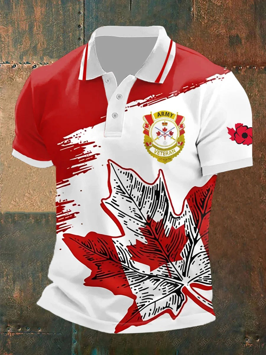 Canadian Army Veteran Flag Maple Leaf Print Casual Men's Polo Shirt Gifts For Veterans