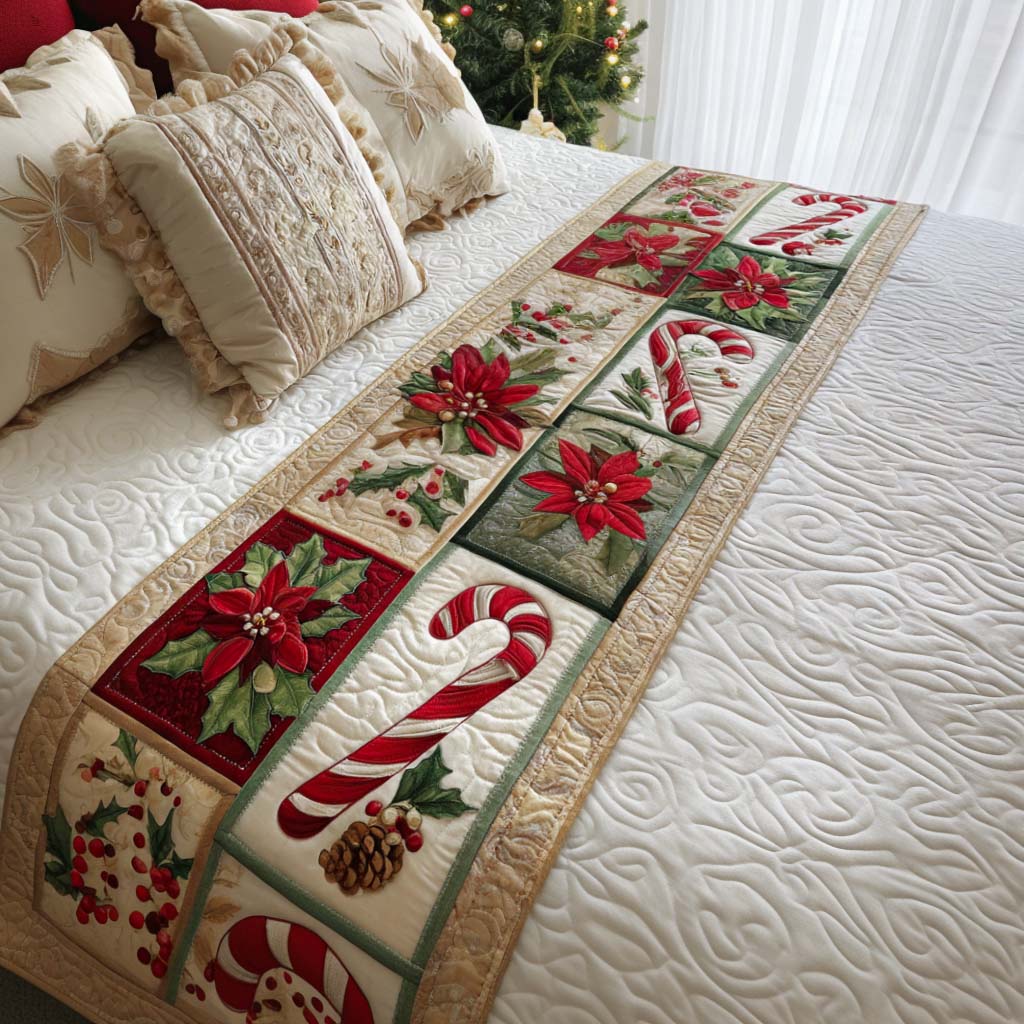 Candy and Poinsettia Quilted Bed Runner Christmas Bed Scarf Best Family Xmas Gifts