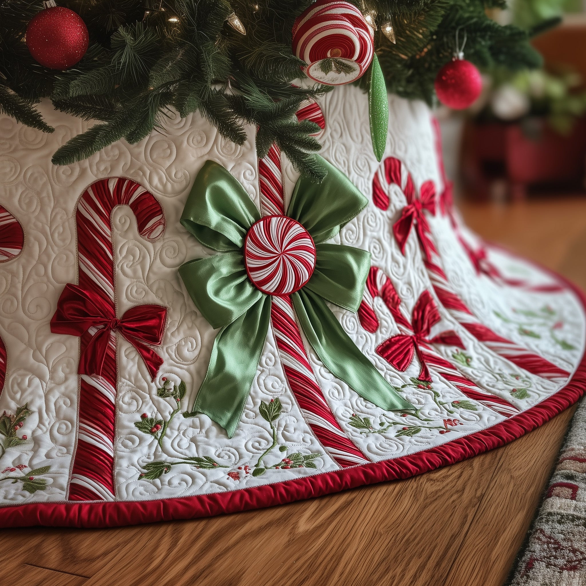 Candy Bow Quilted Tree Skirt Holiday Home Decor Secret Santa Christmas Gift Ideas