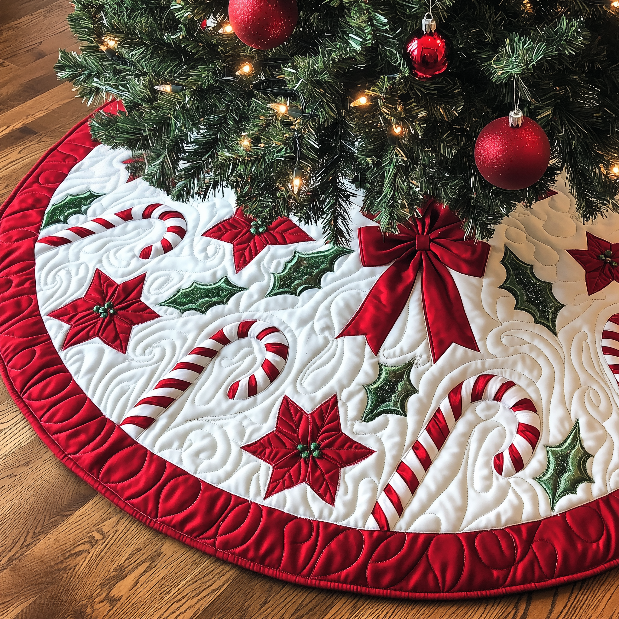 Candy Cane and Holly Christmas Tree Skirt Quilted Red Bow Holiday Decoration Gift