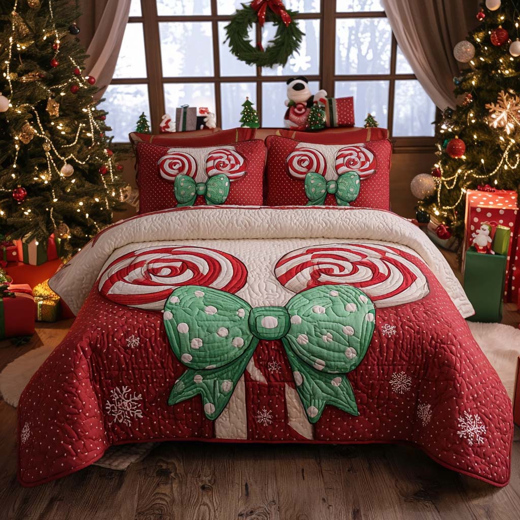 Candy Cane Bow Quilted Bedding Set Holiday Season Duvet Cover Set Christmas Presents For Dad