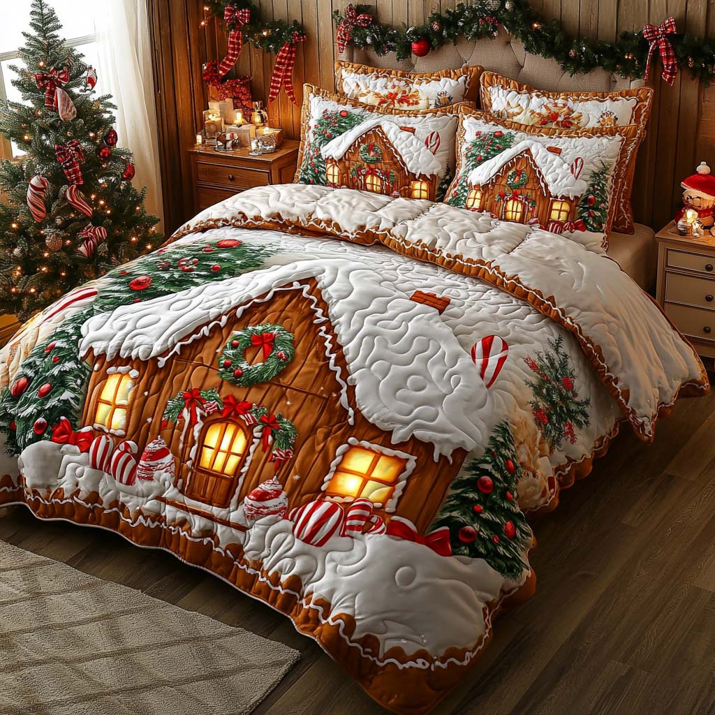 Candy Cane Cottage Quilted Bedding Set Holiday Season Duvet Cover Set Good Gifts For Christmas