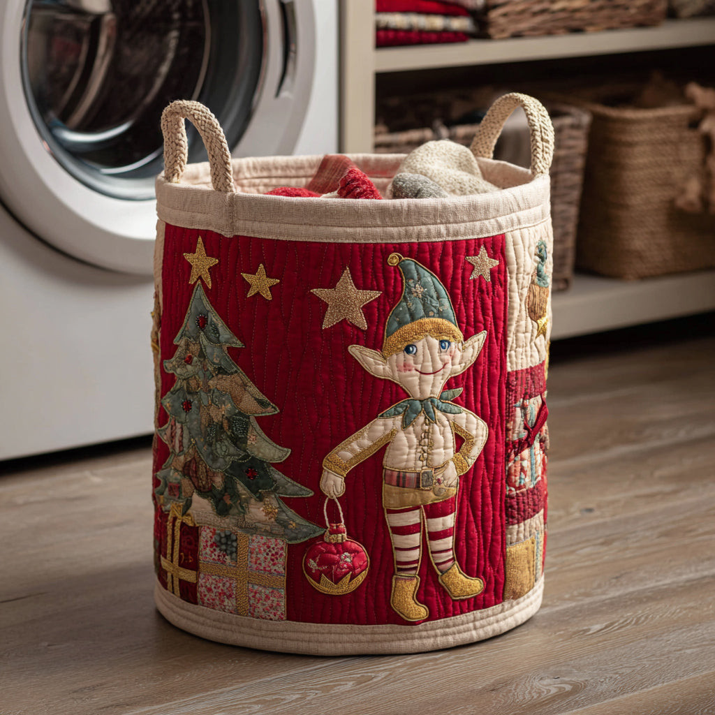 Candy Cane Elf Quilted Laundry Basket Durable Quilted Laundry Basket for Home Organization