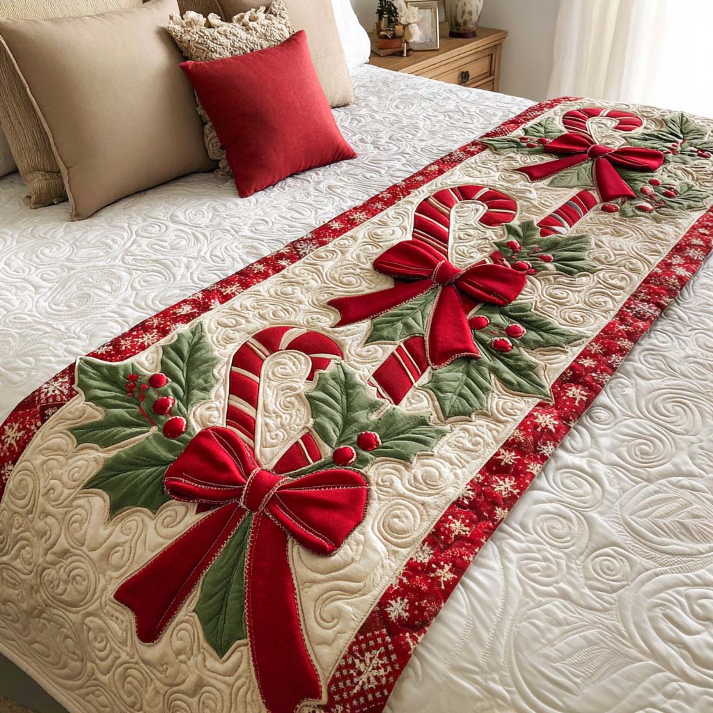 Candy Cane Joy Quilted Bed Runner Christmas Bed Runner Family Xmas Ideas
