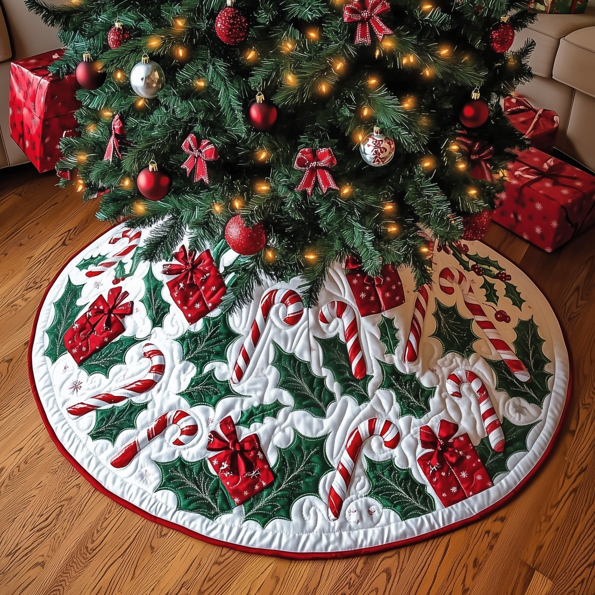 Candy Cane Quilted Tree Skirt Festive Decor Christmas Tree Skirt Unique Christmas Gifts