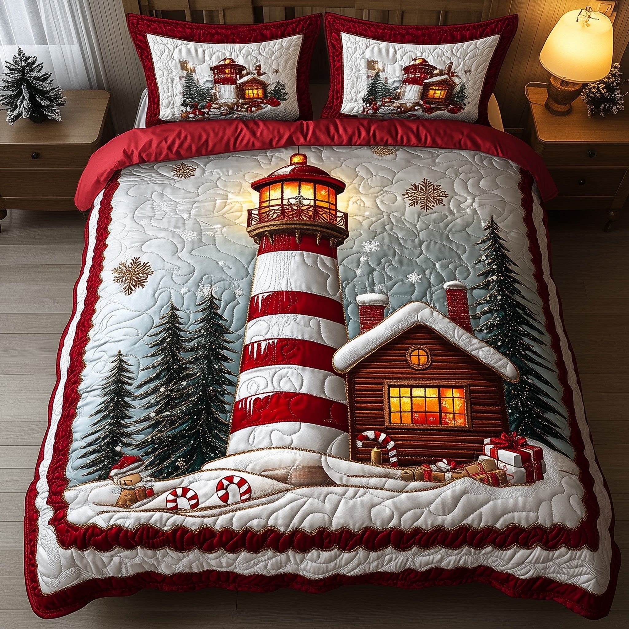 Candy Canes Lighthouse Christmas Quilted Bedding Set Duvet Cover Bedspread Chrismas Gifts For Kids