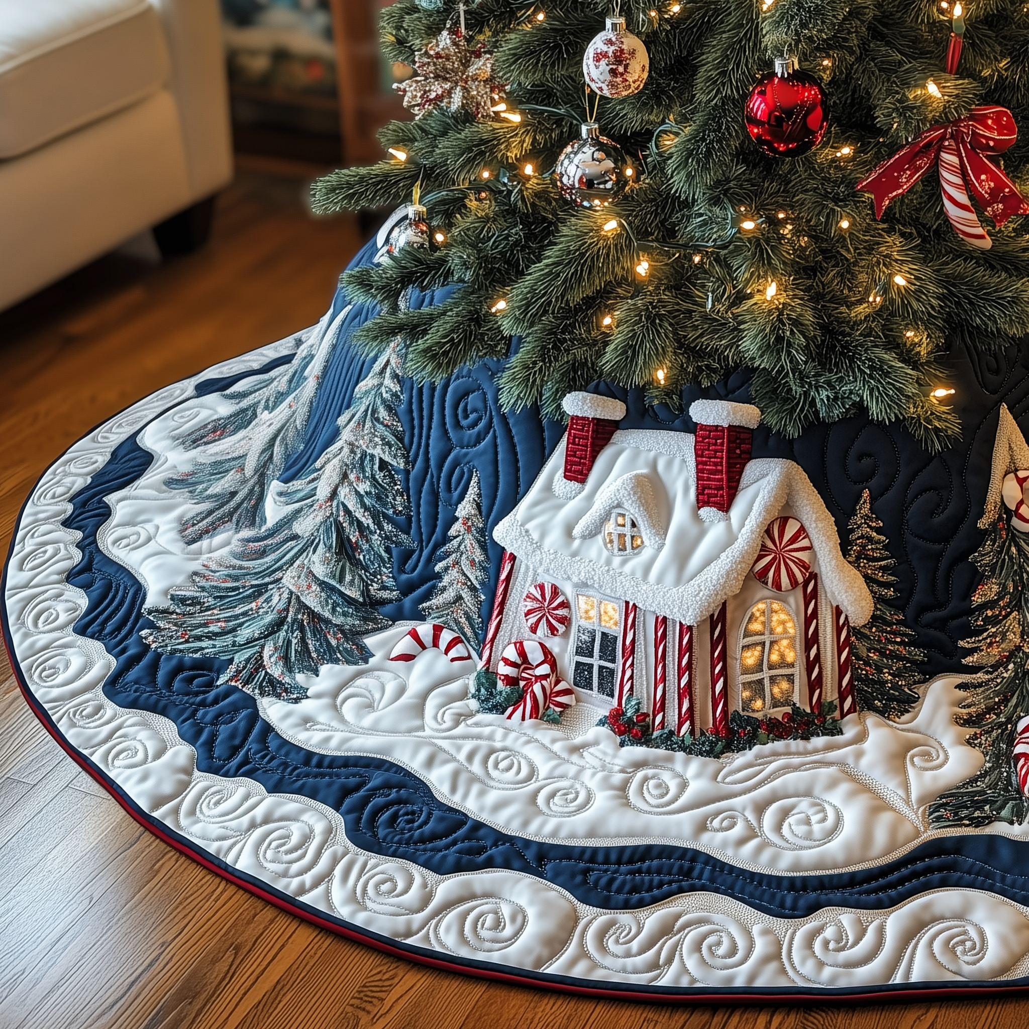 Candy Canes Whimsical House Quilted Tree Skirt Anniversary Merch Gift