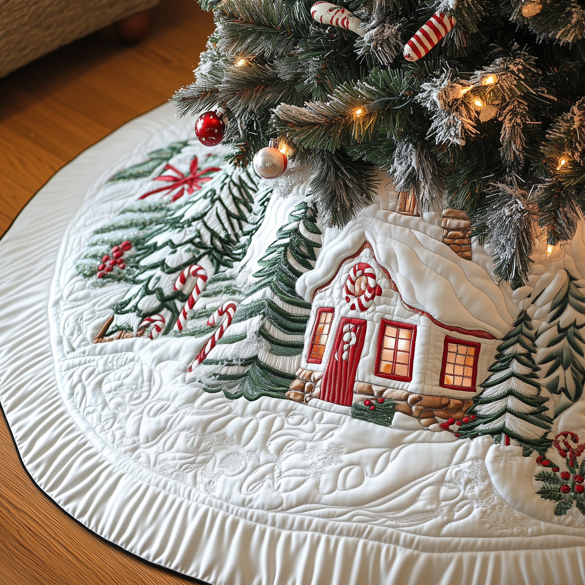 Candy Canes Whimsical House Quilted Tree Skirt Beautiful Christmas Home Merch