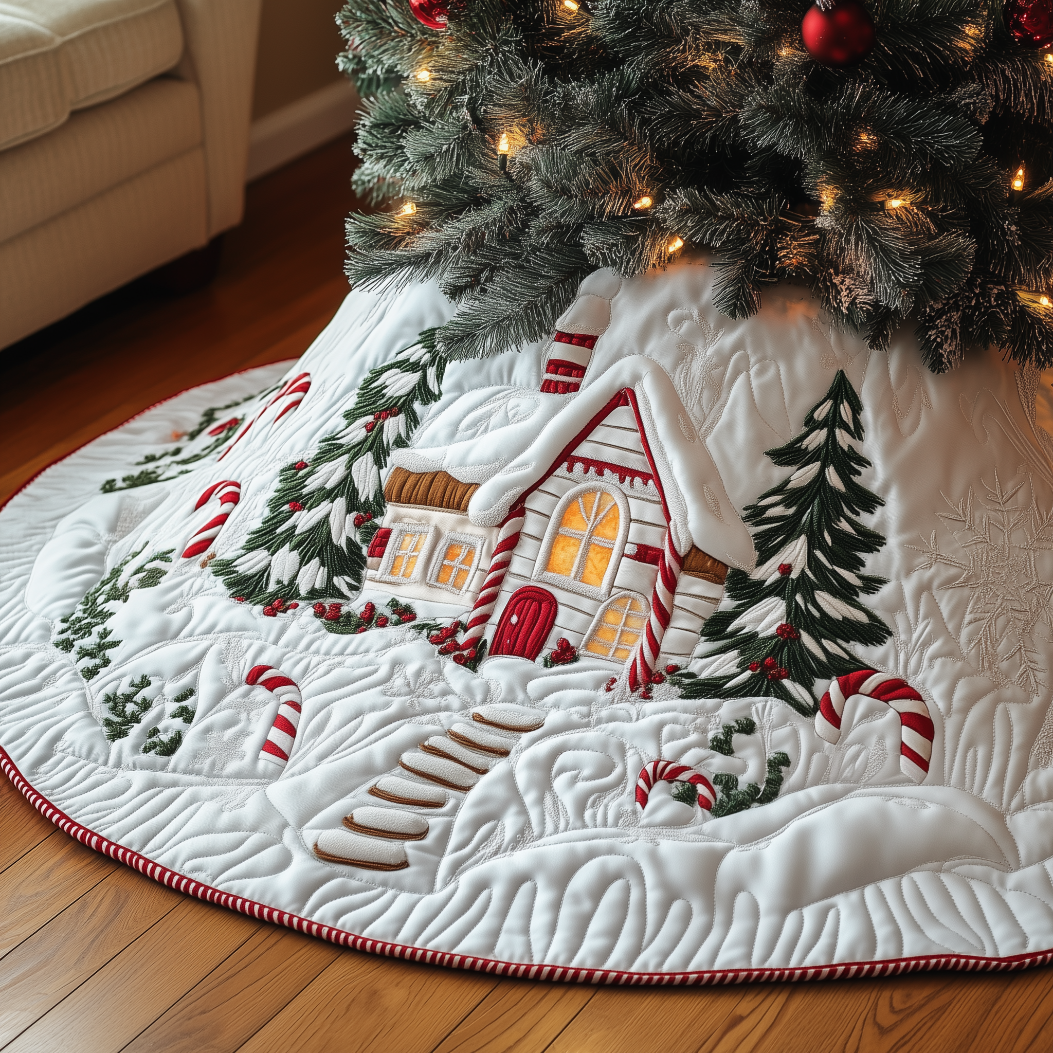 Candy Canes Whimsical House Quilted Tree Skirt Charming Holiday Home Merch