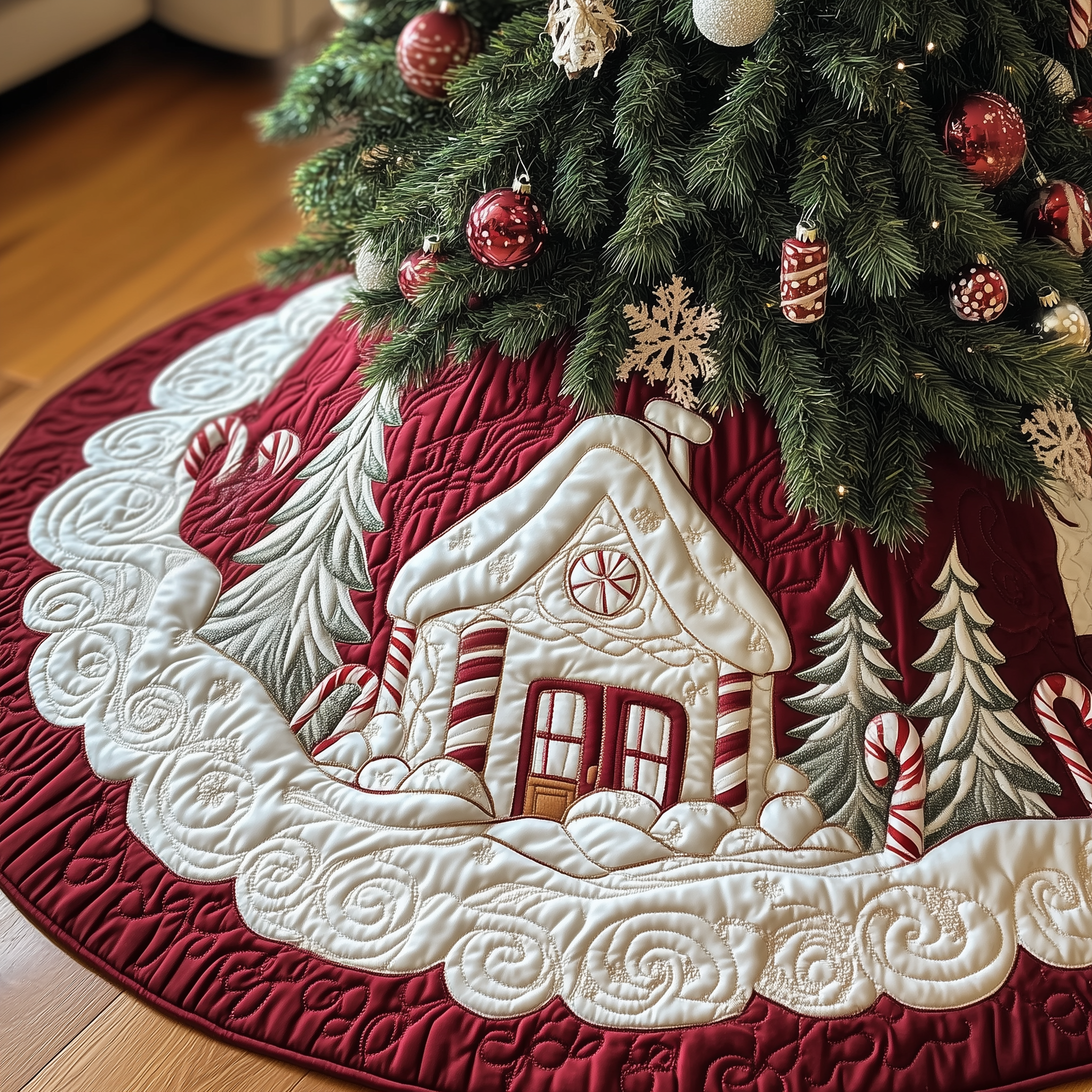 Candy Canes Whimsical House Quilted Tree Skirt Christmas Merch Gift