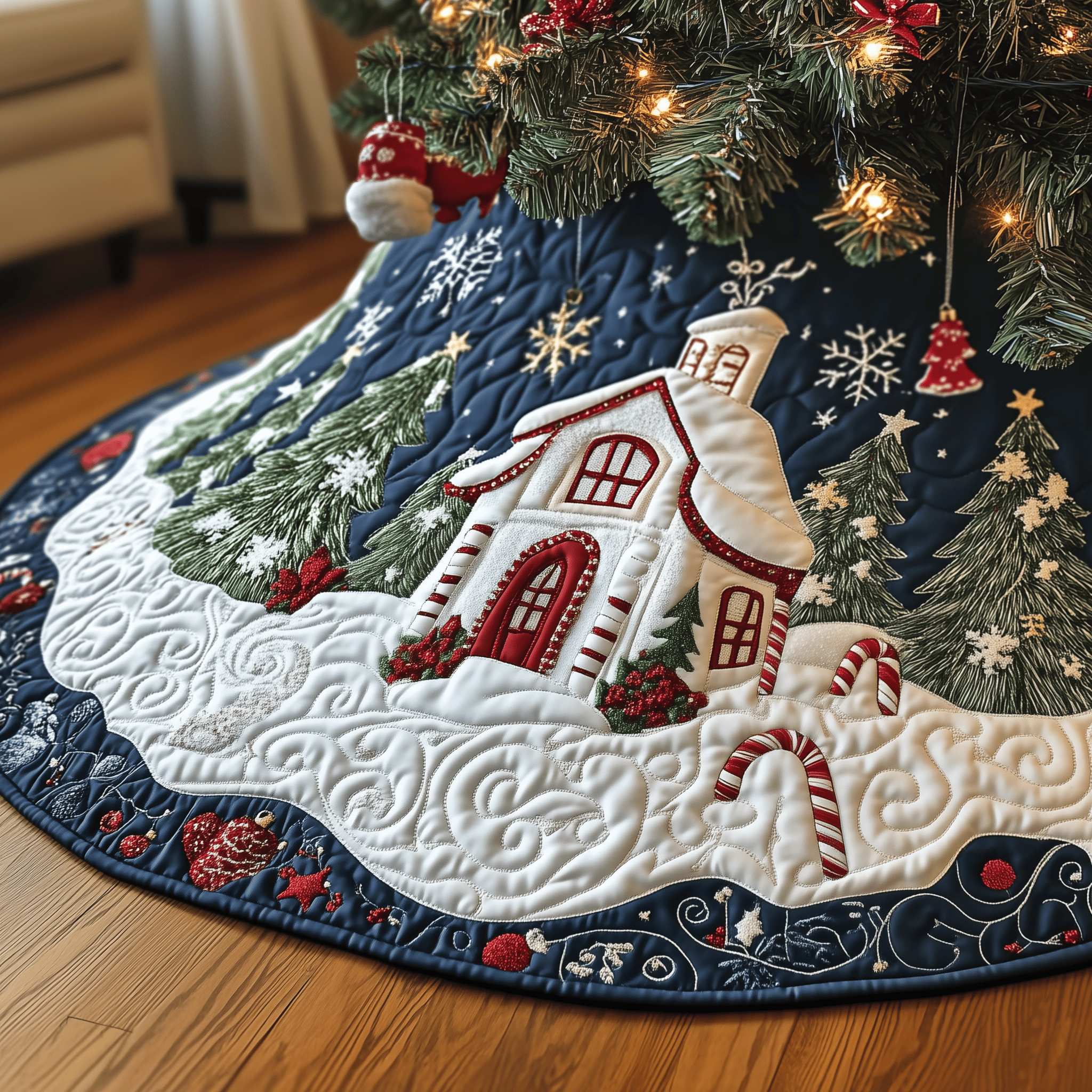Candy Canes Whimsical House Quilted Tree Skirt Christmas Tree Skirt Best Christmas Gifts For My Wife