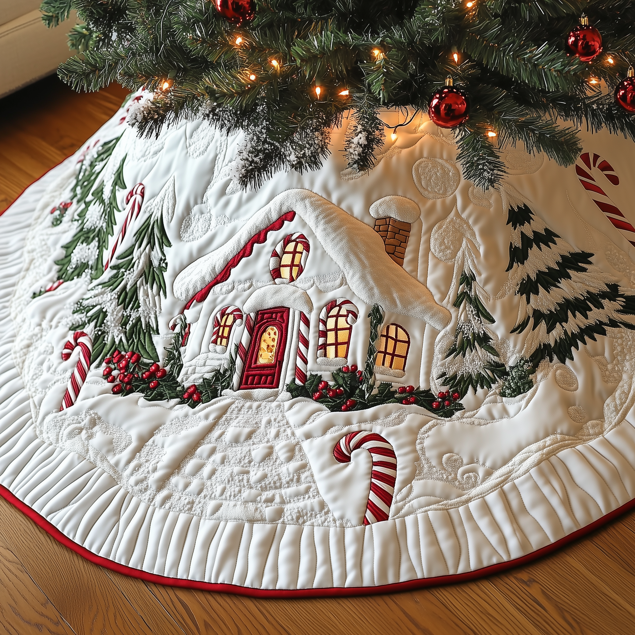 Candy Canes Whimsical House Quilted Tree Skirt Cozy Home Decor Gift Merch