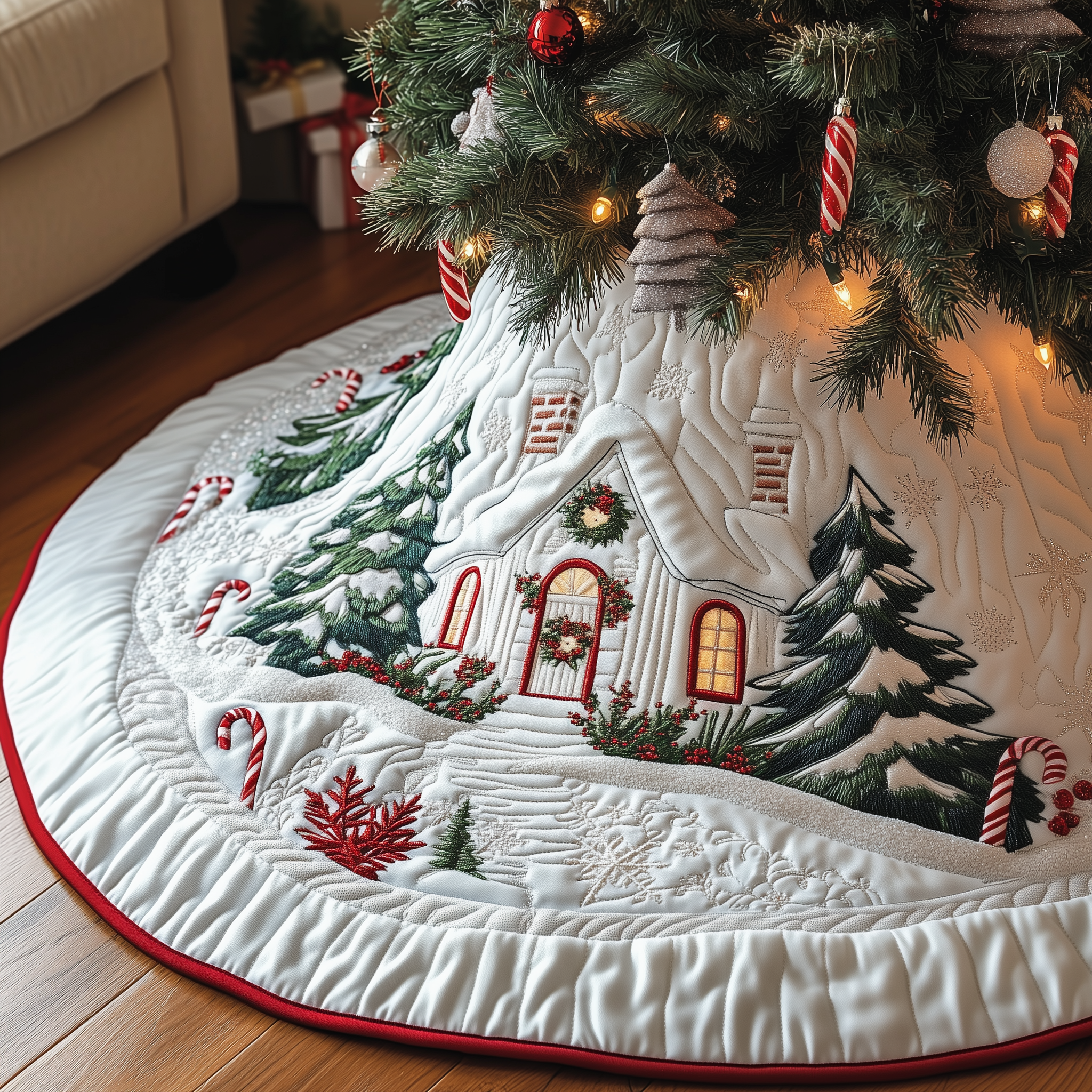 Candy Canes Whimsical House Quilted Tree Skirt Festive Living Room Merch