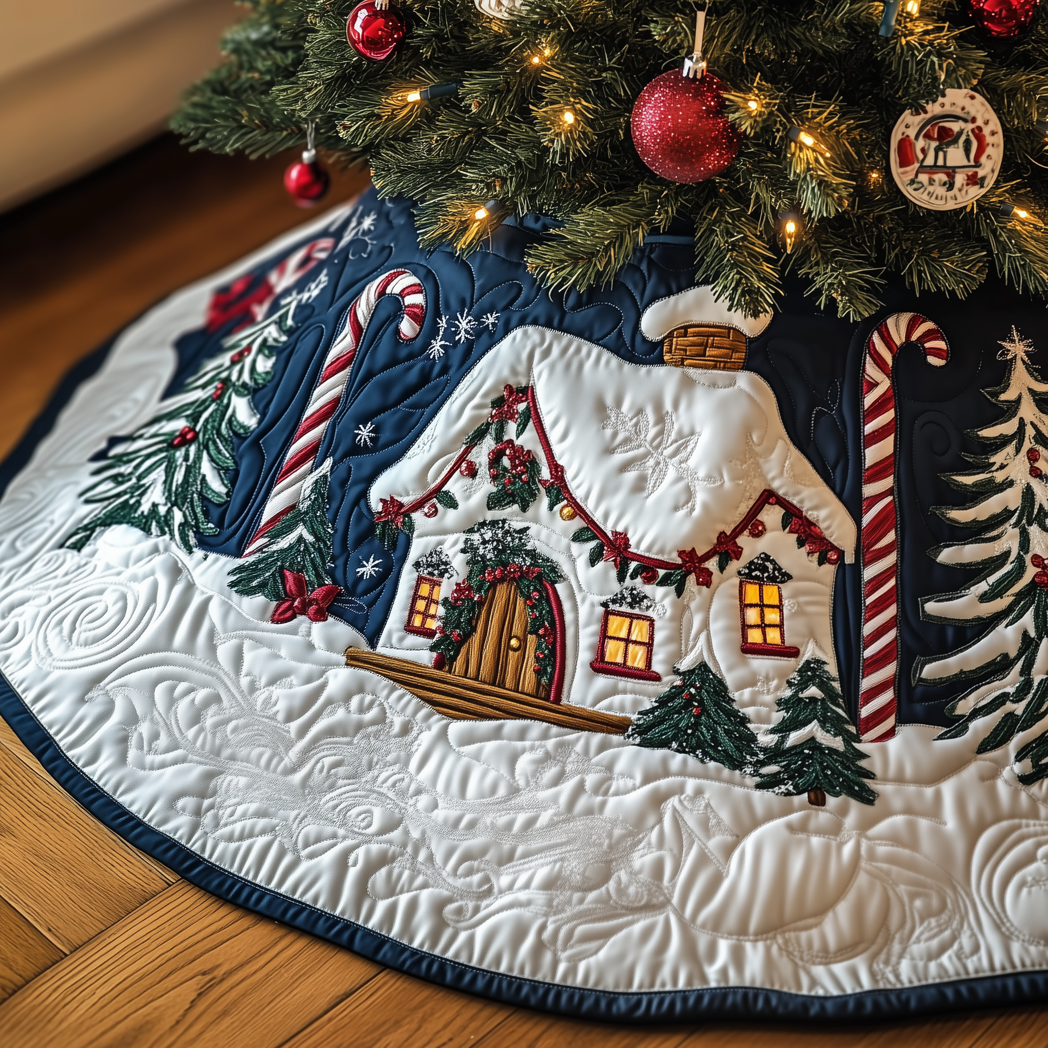 Candy Canes Whimsical House Quilted Tree Skirt Heartwarming Family Gathering Merch