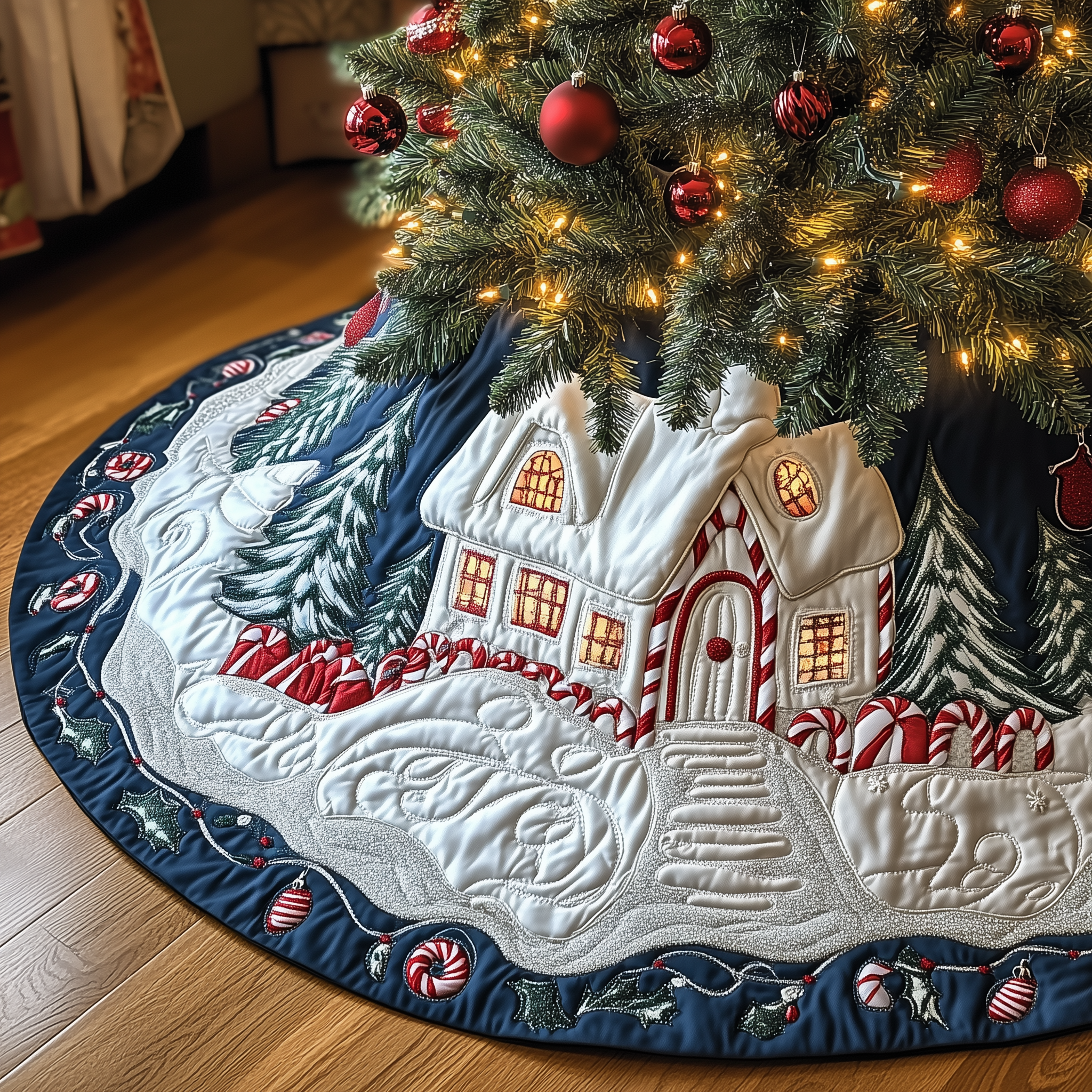Candy Canes Whimsical House Quilted Tree Skirt Magical Christmas Spirit Merch
