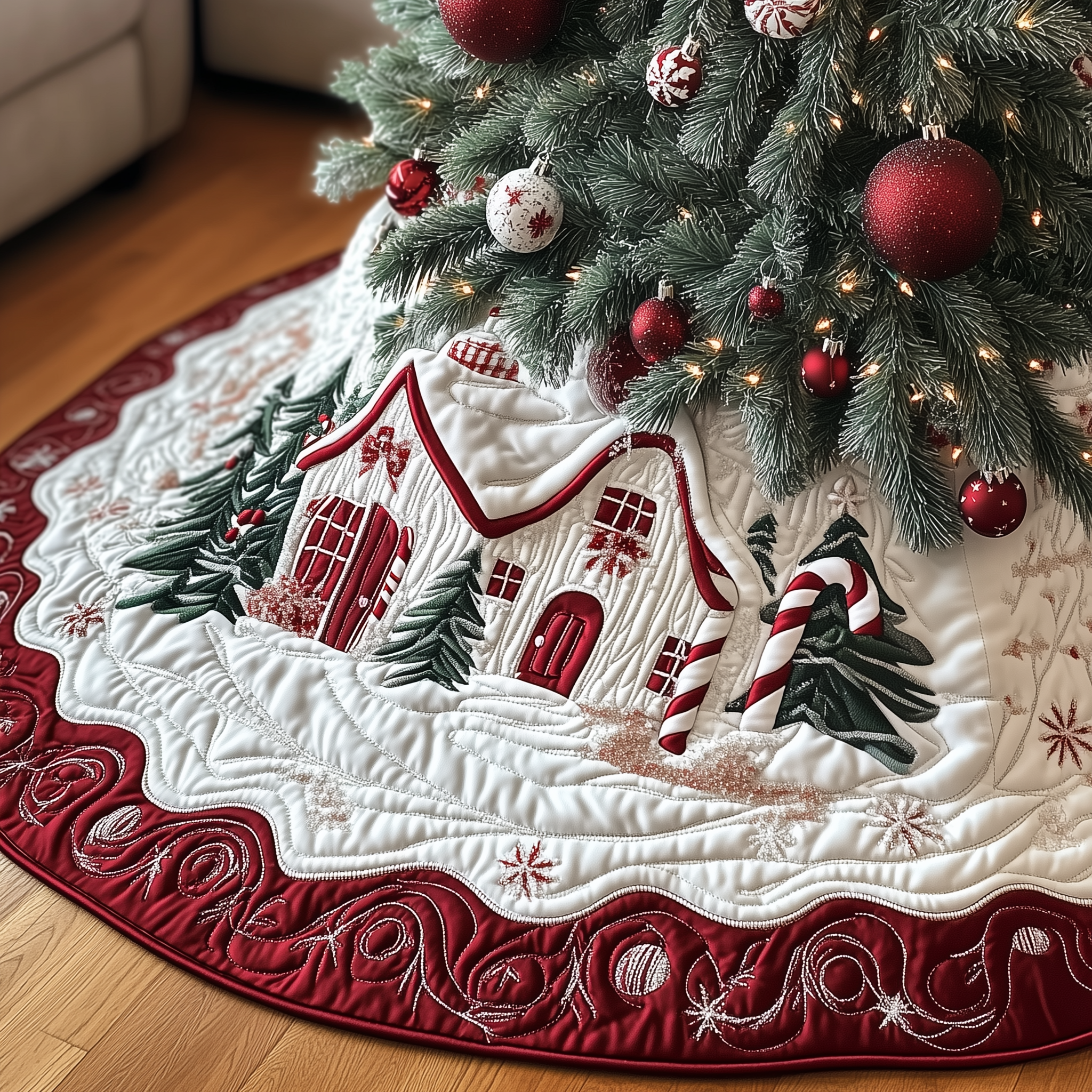 Candy Canes Whimsical House Quilted Tree Skirt New Year Merch Gift