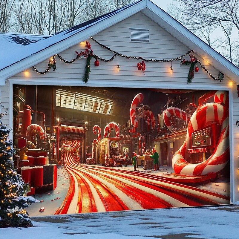 Candy Factory Christmas Garage Door Cover Festive Garage Banner Decor Candy Inspired Gifts