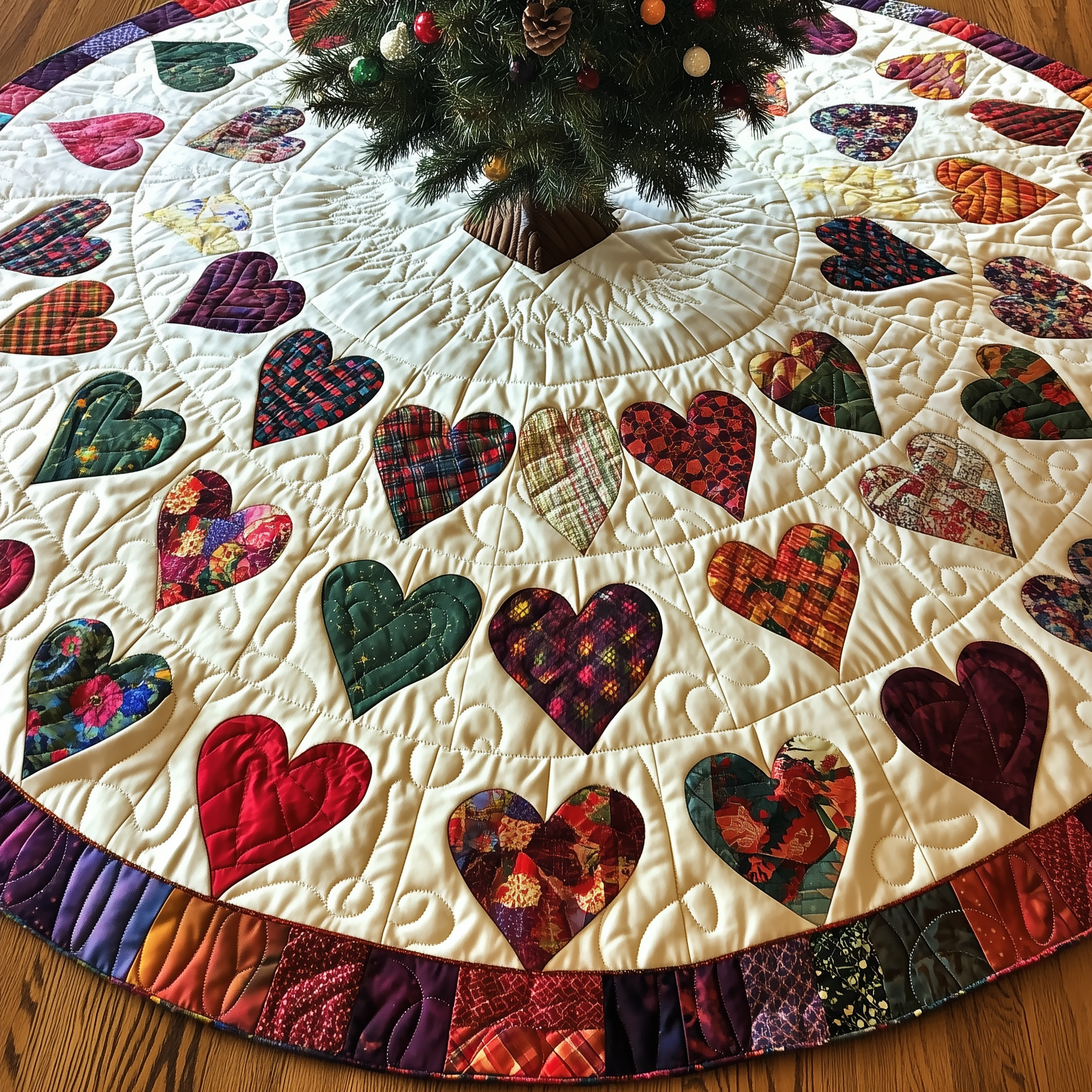 Candy Heart Christmas Quilted Tree Skirt Cute Holiday Xmas Surround Tree Base Cover Indoor Home Decorations Gift