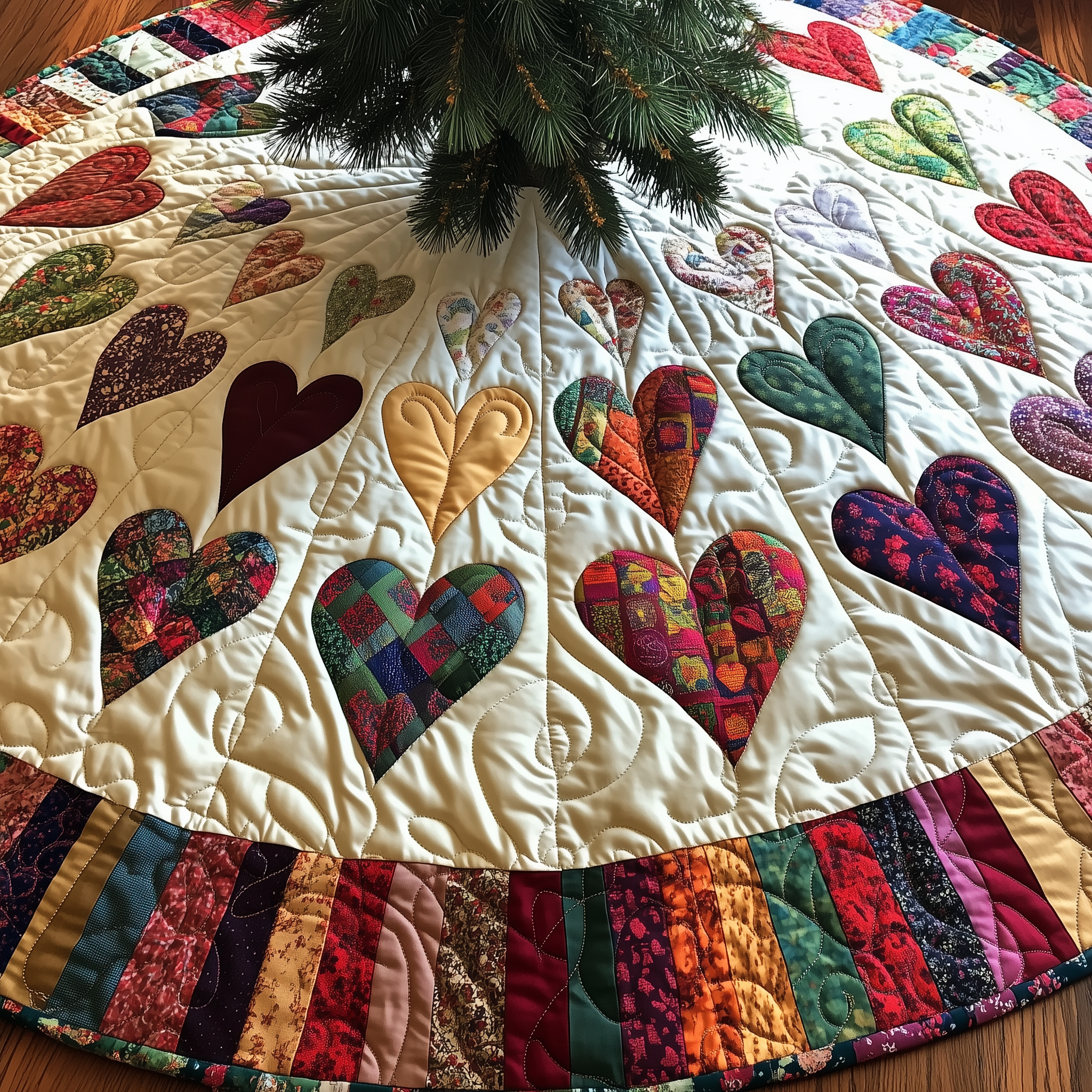 Candy Heart Christmas Quilted Tree Skirt Cute Holiday Xmas Surround Tree Base Cover Indoor Home Decorations Gift