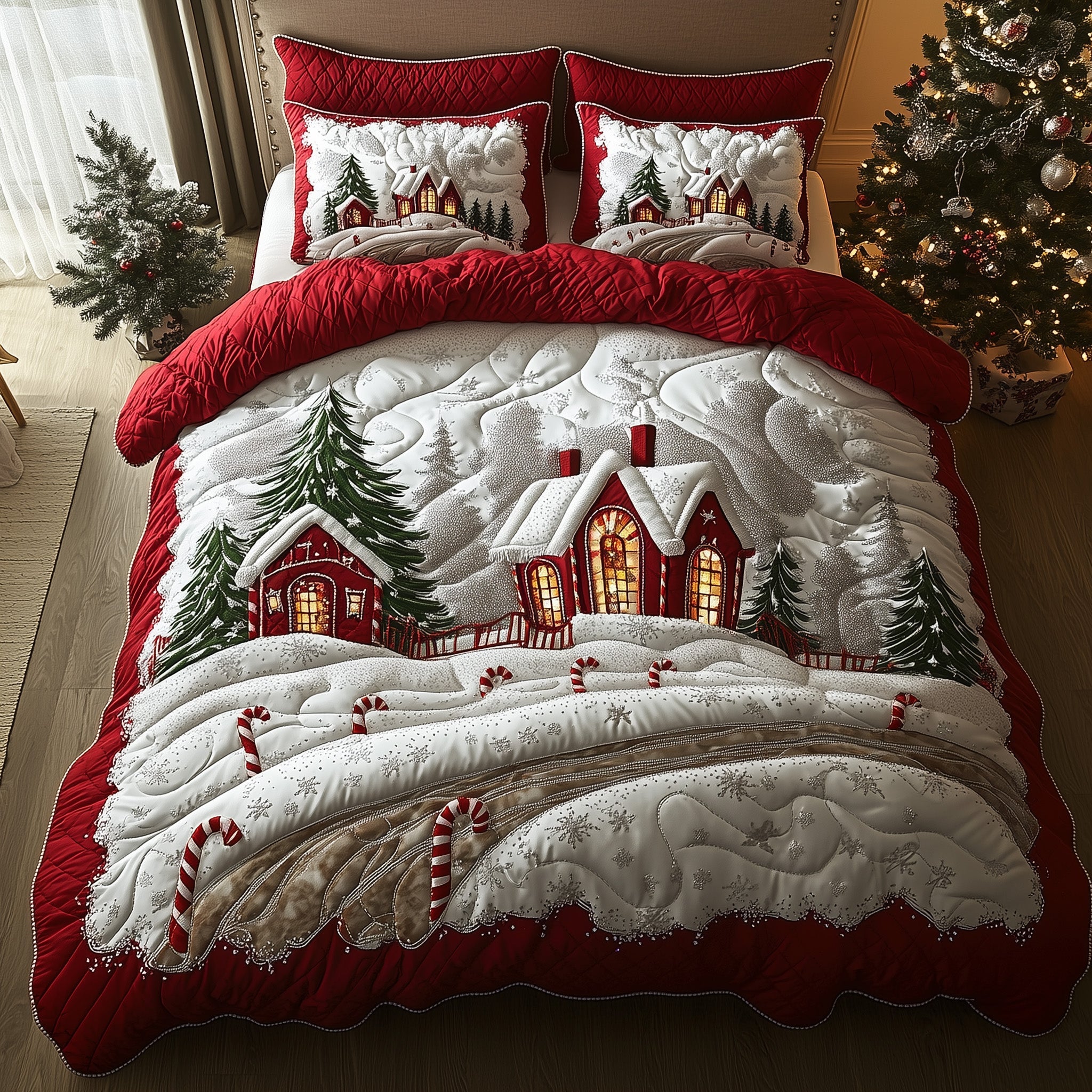 Candy Land Christmas Quilted Bedding Set Duvet Cover Bedspread Cute Chrismas Holiday Gifts For Teens