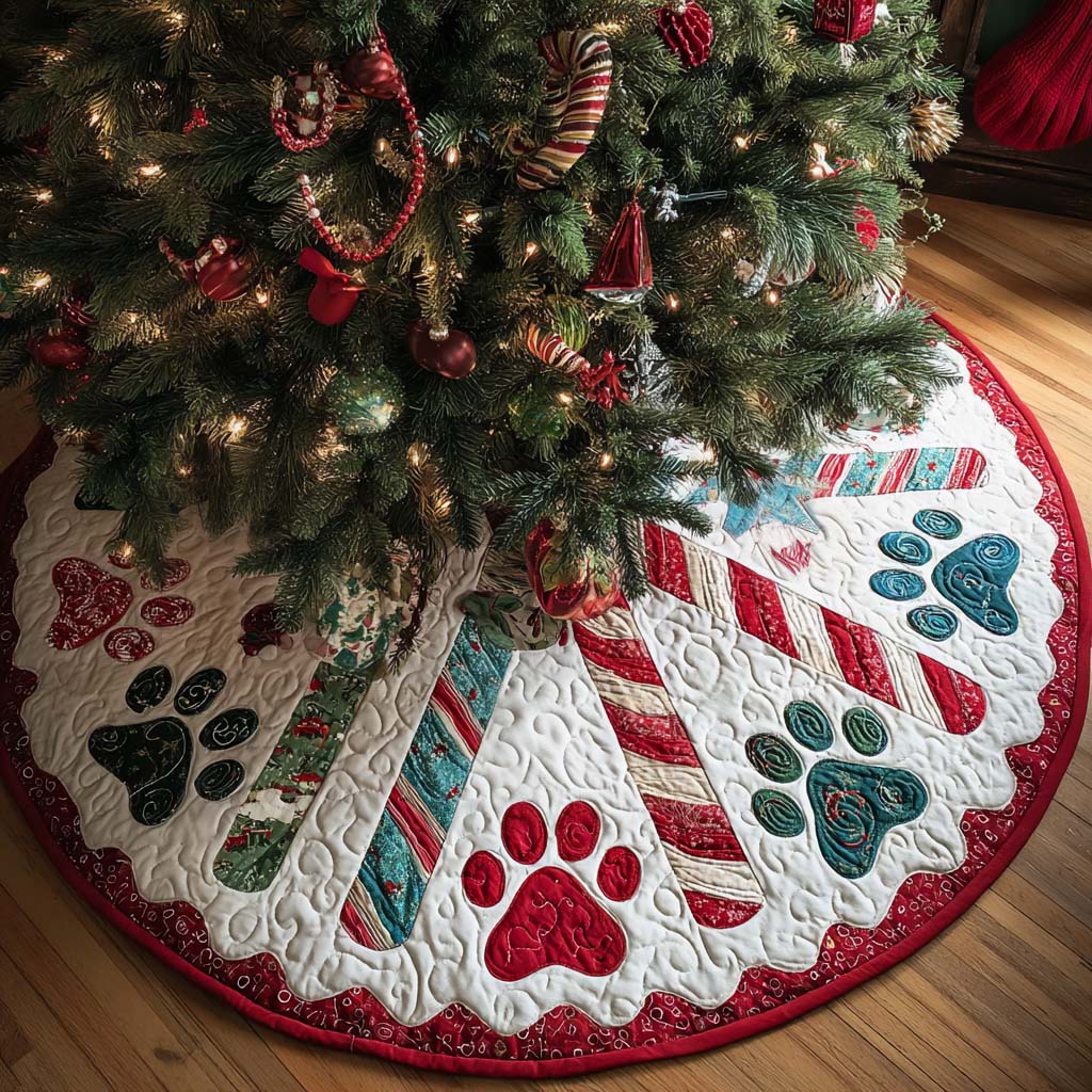 Candy Paws Christmas Quilted Tree Skirt Xmas Tree Decor Best Presents For Animal Lovers