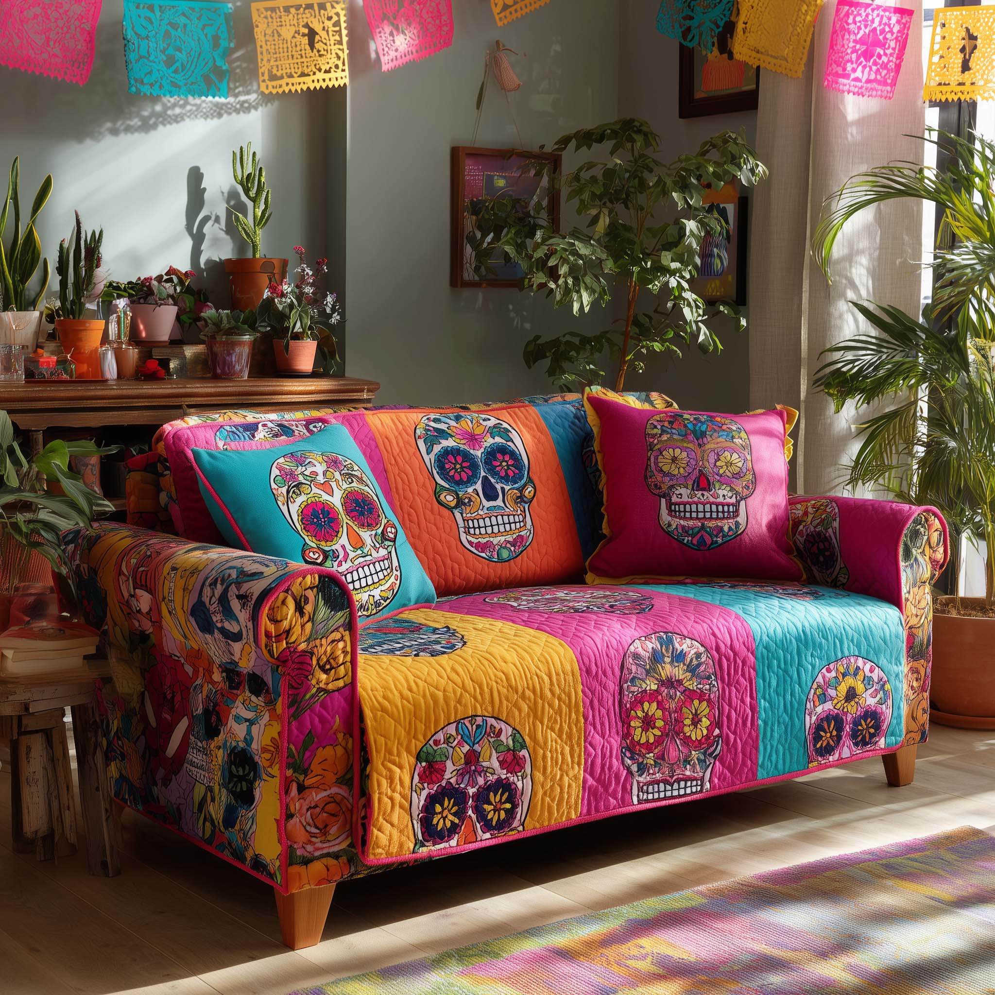 Candy Skulls Fiesta Quilted Sofa Cover Day of the Dead Sugar Skull Themed Gifts