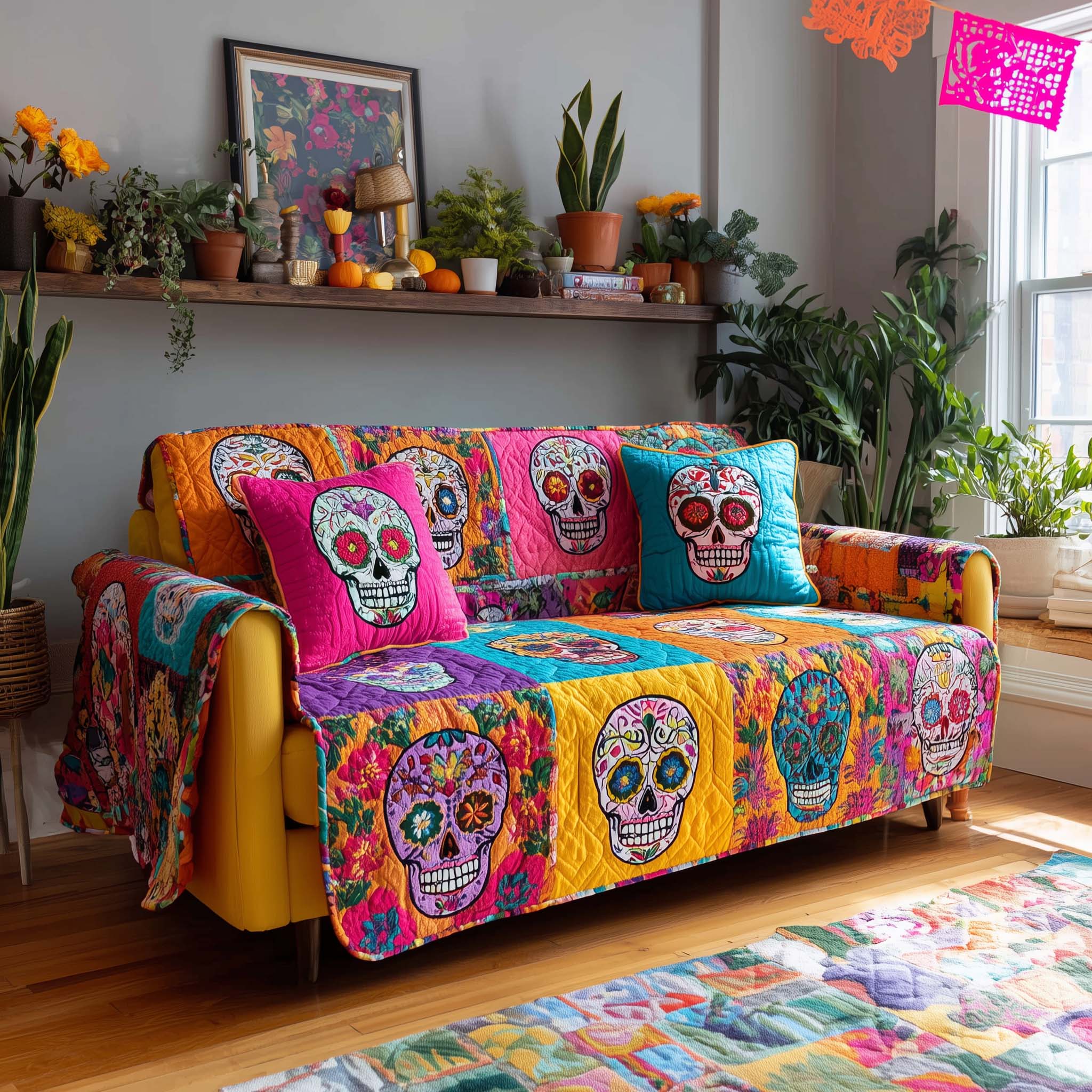 Candy Skulls Fiesta Quilted Sofa Cover Vibrant Calavera Motif Skull Themed Gifts