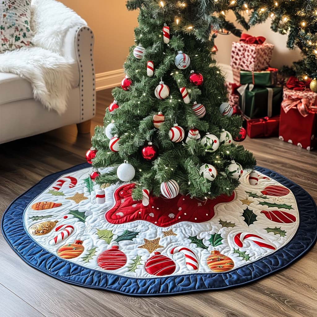 Candy Stripe Delight Christmas Quilted Tree Skirt Holiday Home Decor Top Christmas Gifts 2025
